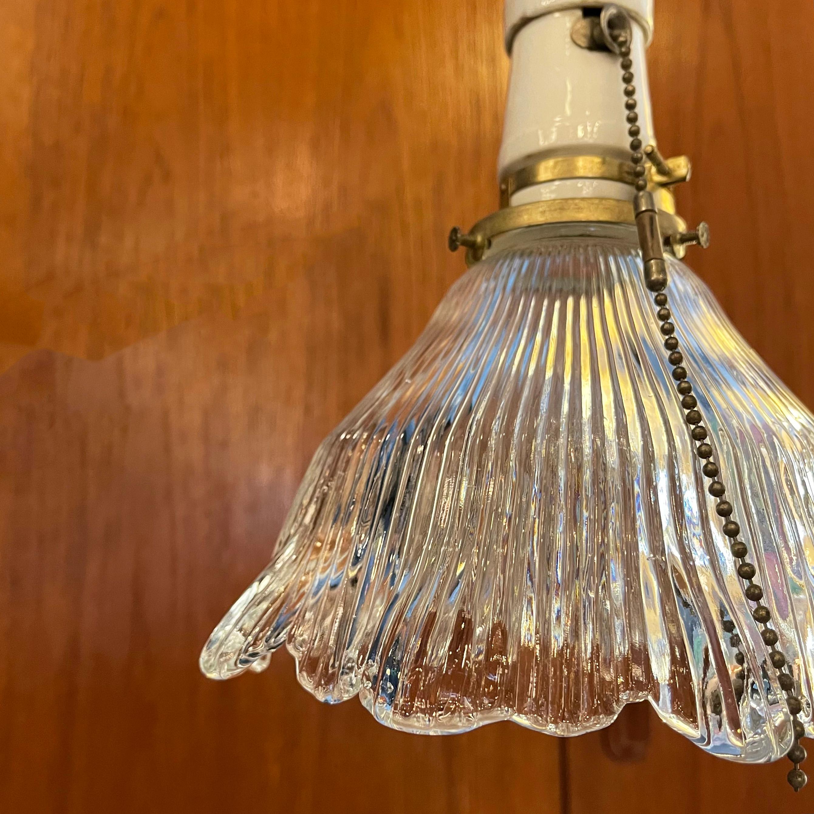 Brass Industrial Cut Glass and Porcelain Pendant Light For Sale