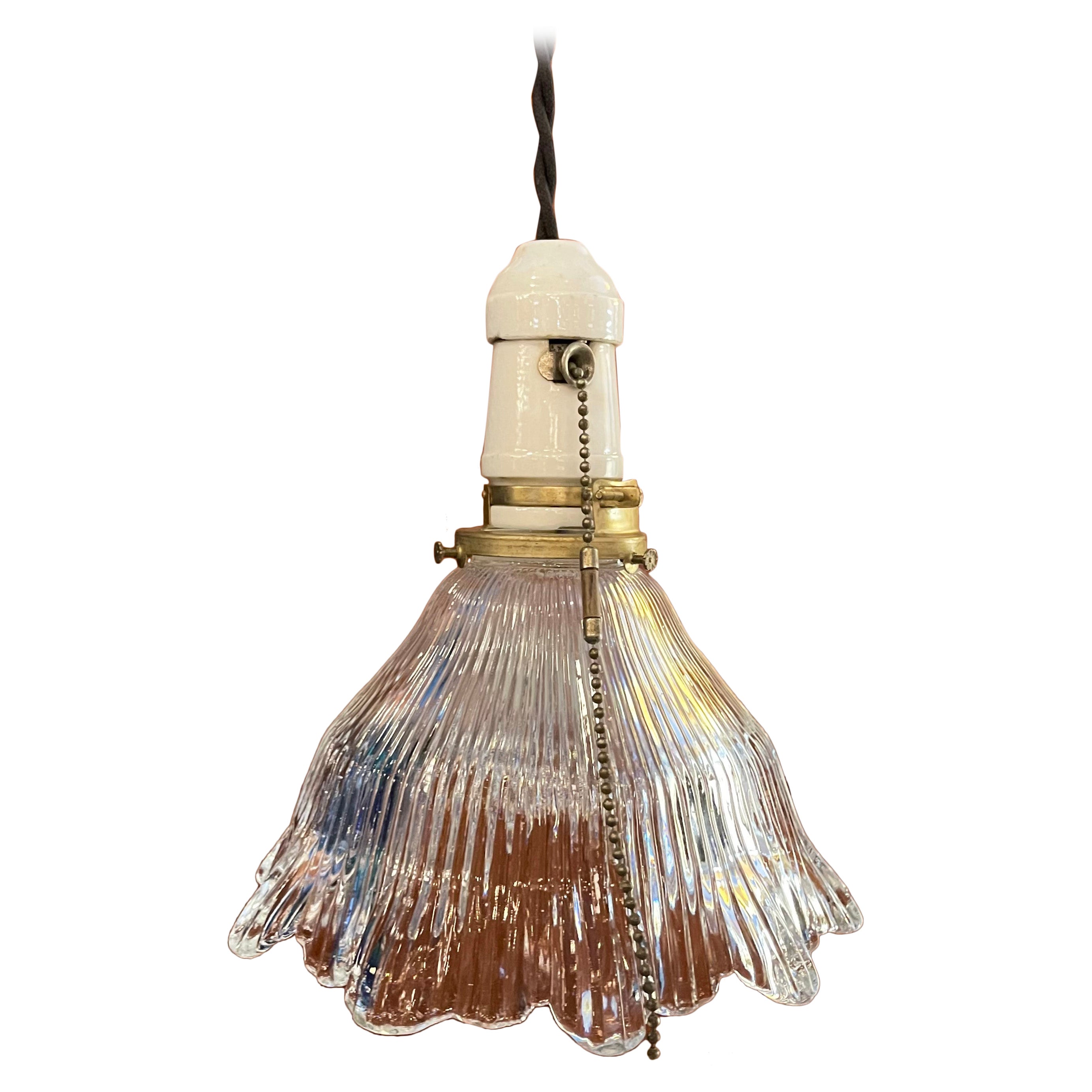 Industrial Cut Glass and Porcelain Pendant Light