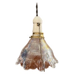Industrial Cut Glass and Porcelain Pendant Light