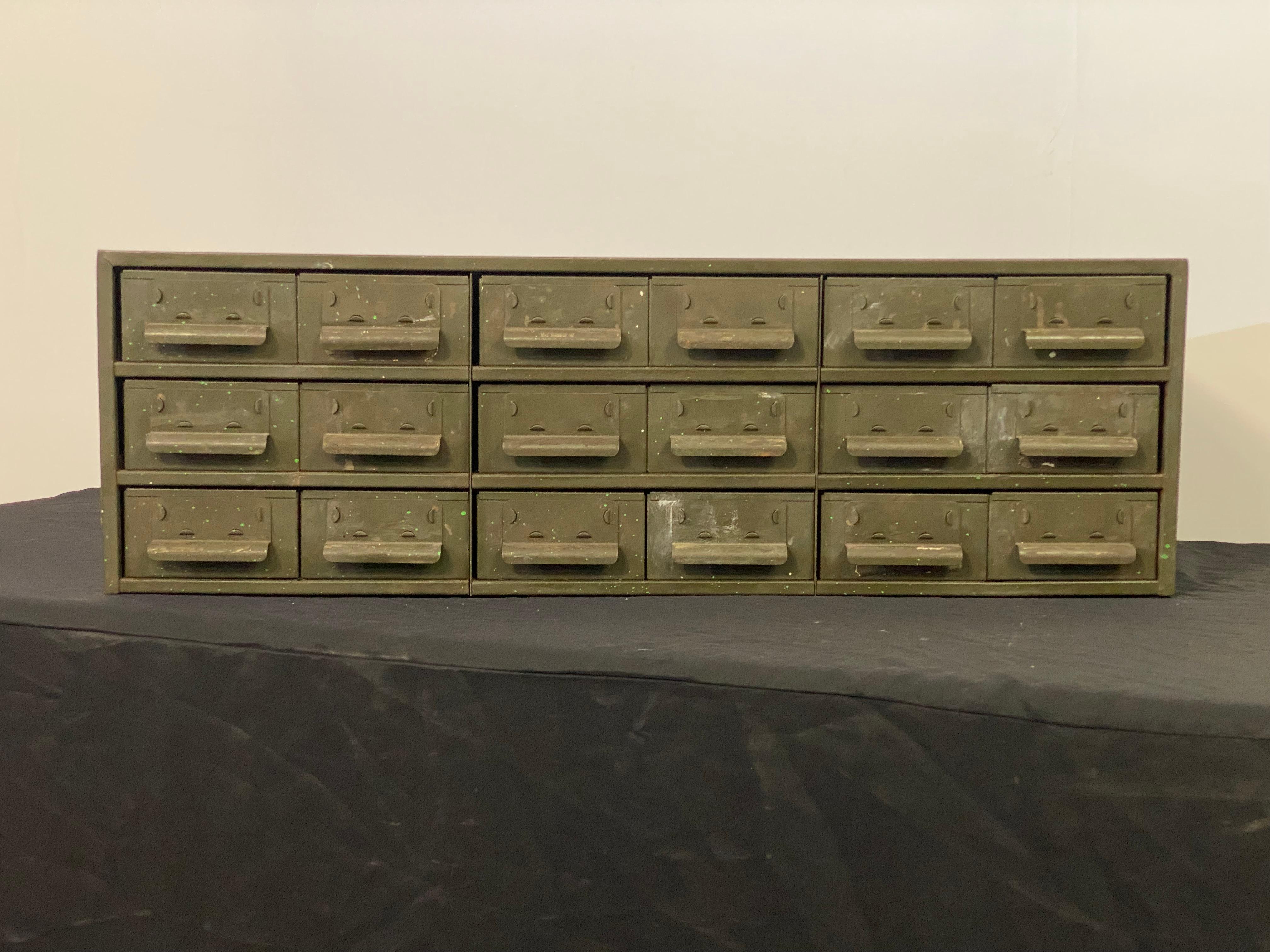 American Industrial Dark Green Eighteen Drawer Hardware Cabinet For Sale