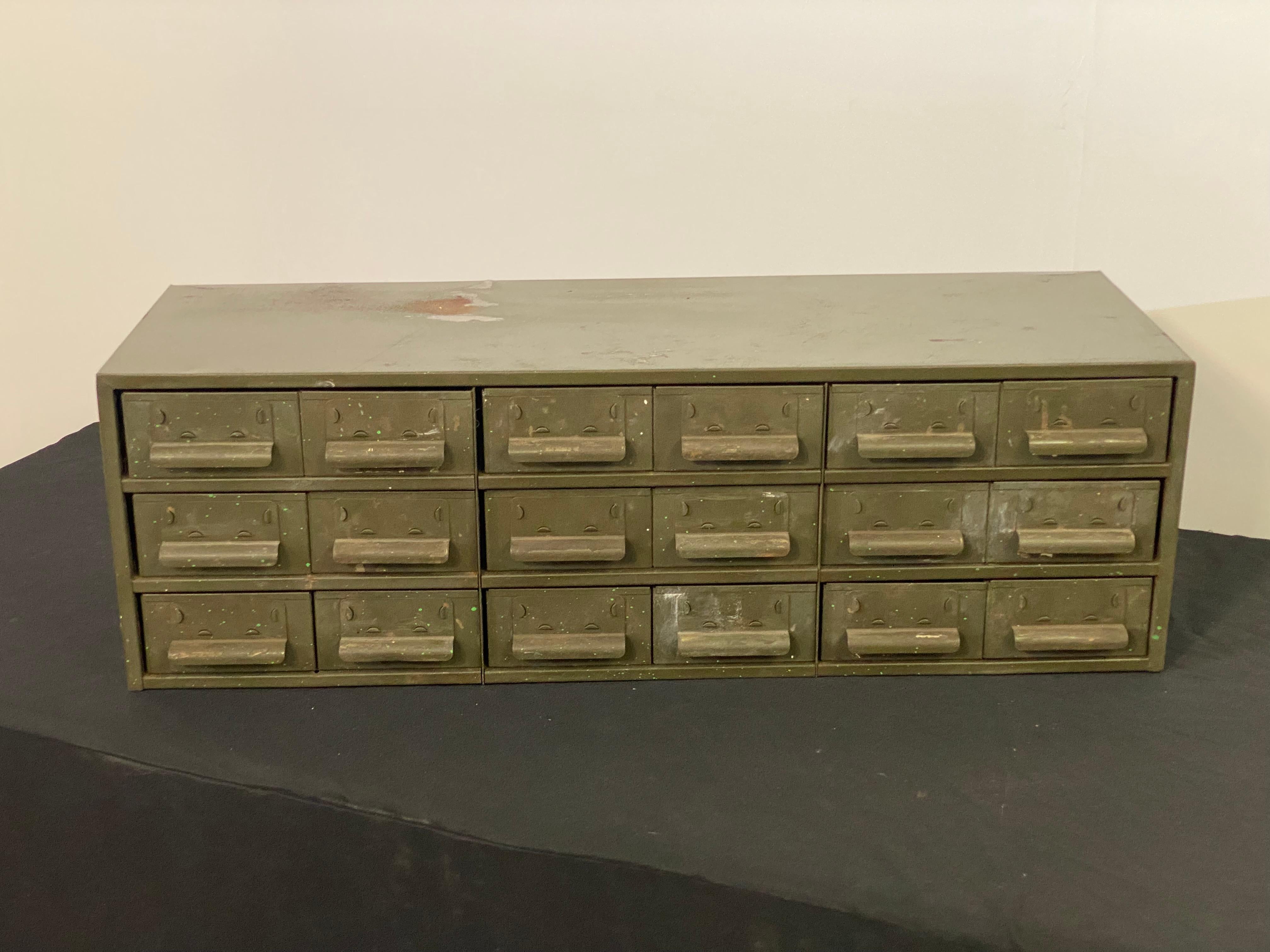 Painted Industrial Dark Green Eighteen Drawer Hardware Cabinet For Sale