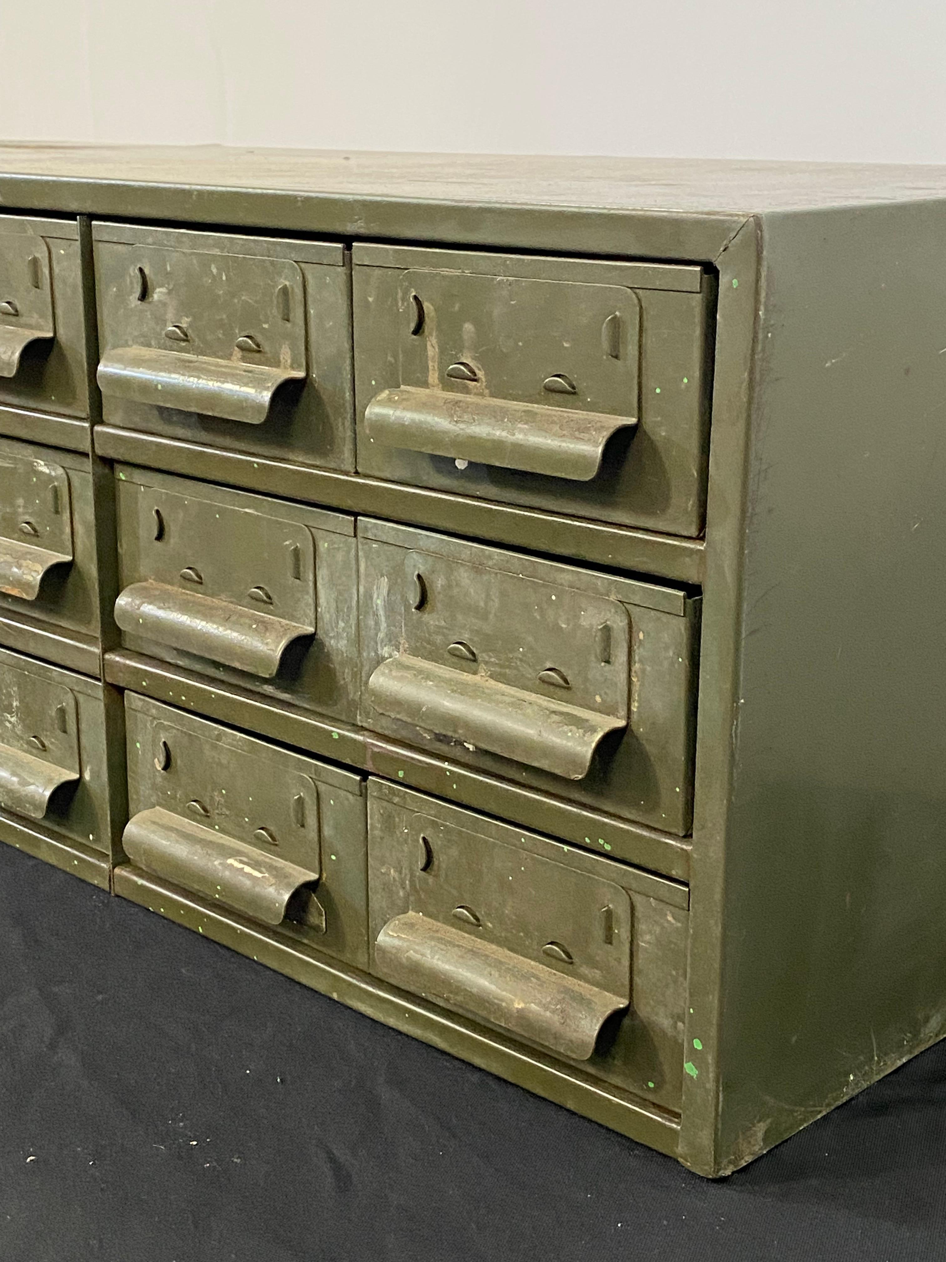 Industrial Dark Green Eighteen Drawer Hardware Cabinet For Sale 1