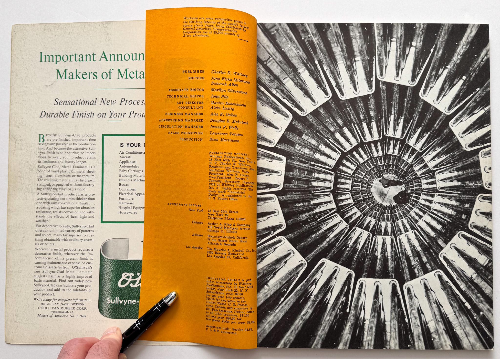 Volume 1, numero 3 (giugno 1954) di Industrial Design, a cura di Jane Disk Mitarachi e pubblicato da Whitney Publications, Inc, nota contemporaneamente per Interiors e per la Interiors Library Series di George Nelson. Secondo la mezza pagina di