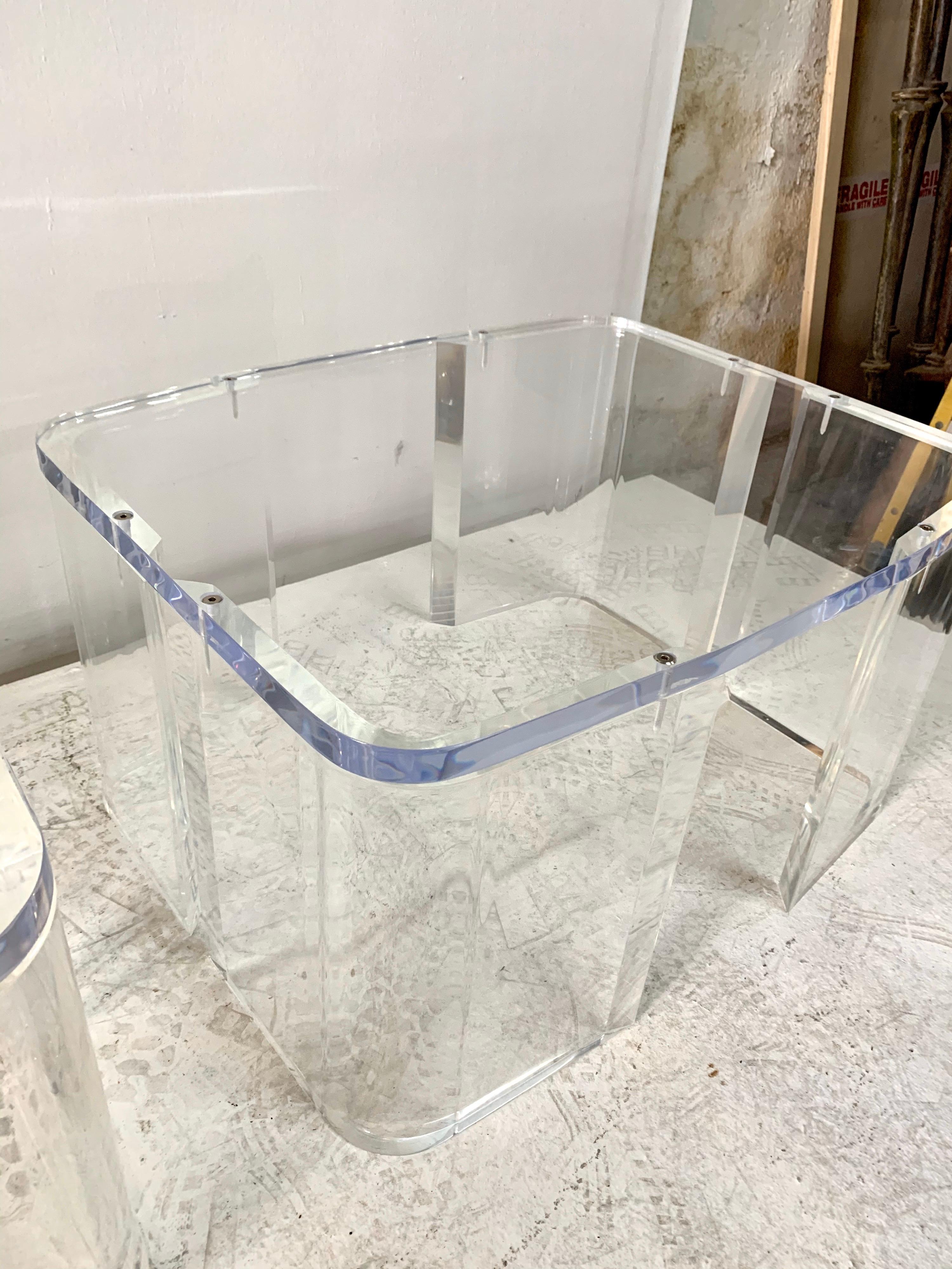 Rounded corners in 3/4 inch thick acrylic/Lucite and similar thick top, these heavy and Industrial style low tables are elegant and transparent. Assembled with visible Industrial screws throughout (used no glue). 

They can be used together or
