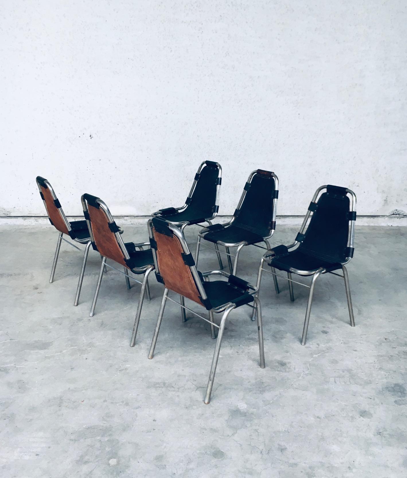 Industrielle Esszimmerstühle aus Leder und Stahl im Industriedesign, Modell „Les Arcs“, 1980er Jahre (Ende des 20. Jahrhunderts) im Angebot
