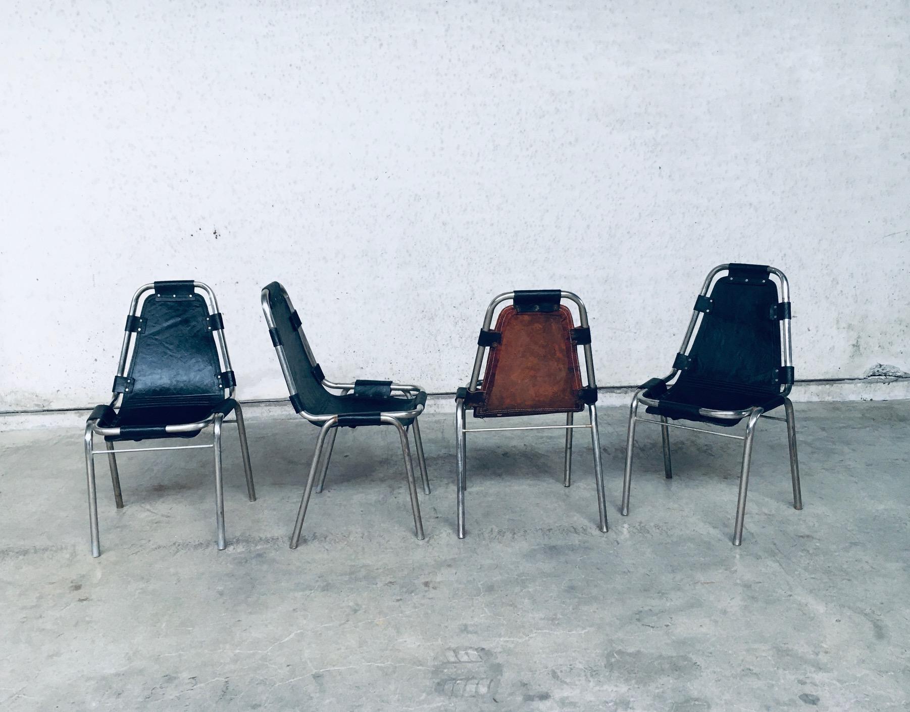 Industrielle Esszimmerstühle aus Leder und Stahl im Industriedesign, Modell „Les Arcs“, 1980er Jahre im Angebot 3