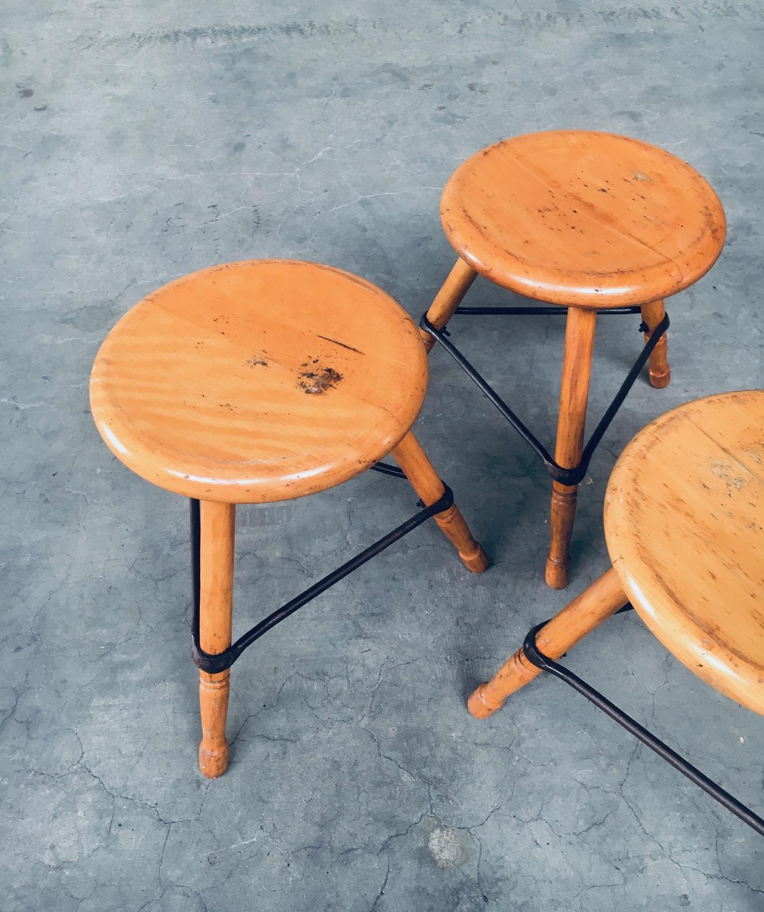 Iron Industrial Design Low Tripod Stool Set, Belgium 1950's For Sale
