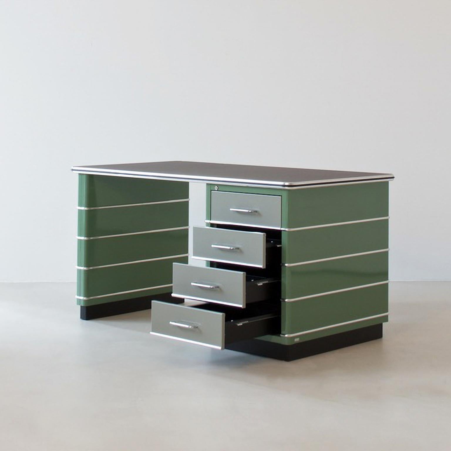 Industrial design metal desk, lacquered and chromed metal and aluminium, made to measure.