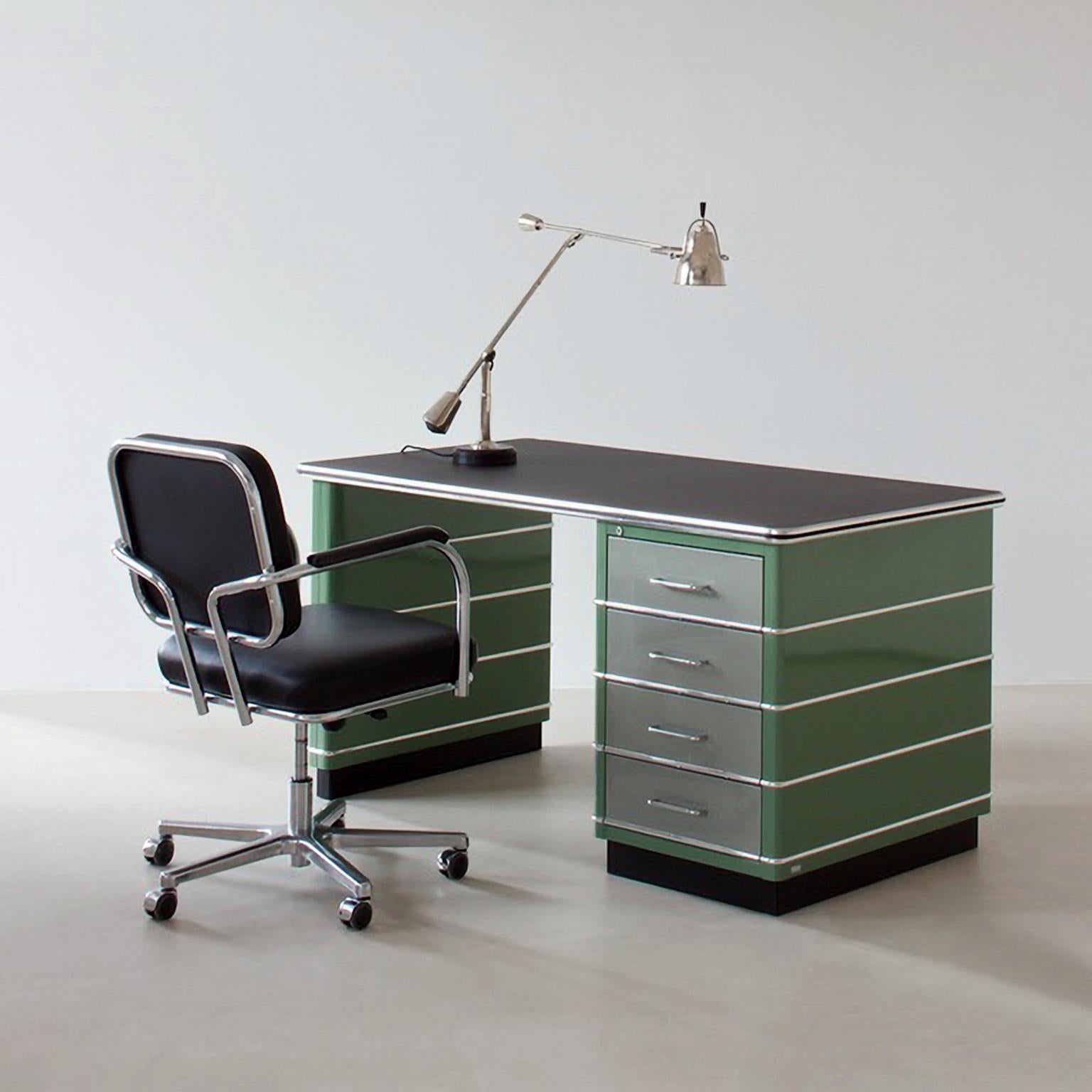 Lacquered Industrial Design Metal Desk in Painted and Chromed Metal and Aluminium, Bespoke For Sale