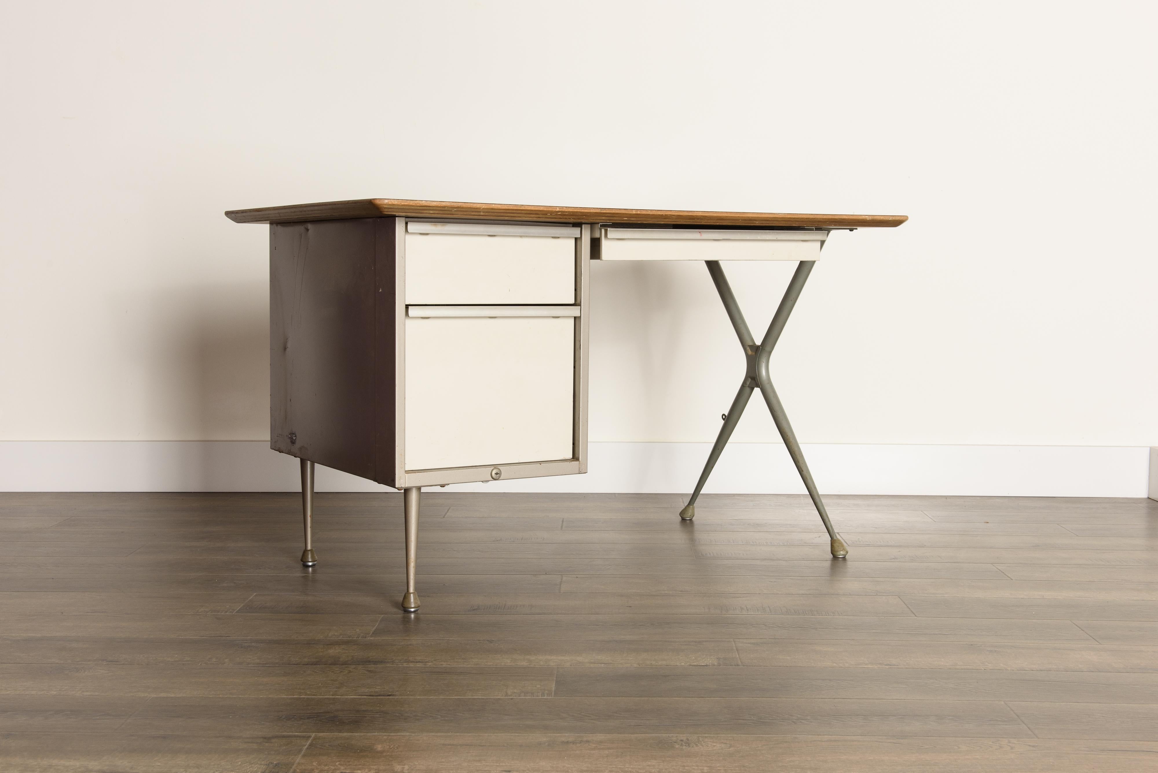 Mid-Century Modern Industrial Desk by Raymond Loewy for Brunswick of Chicago, circa 1950s, Signed 