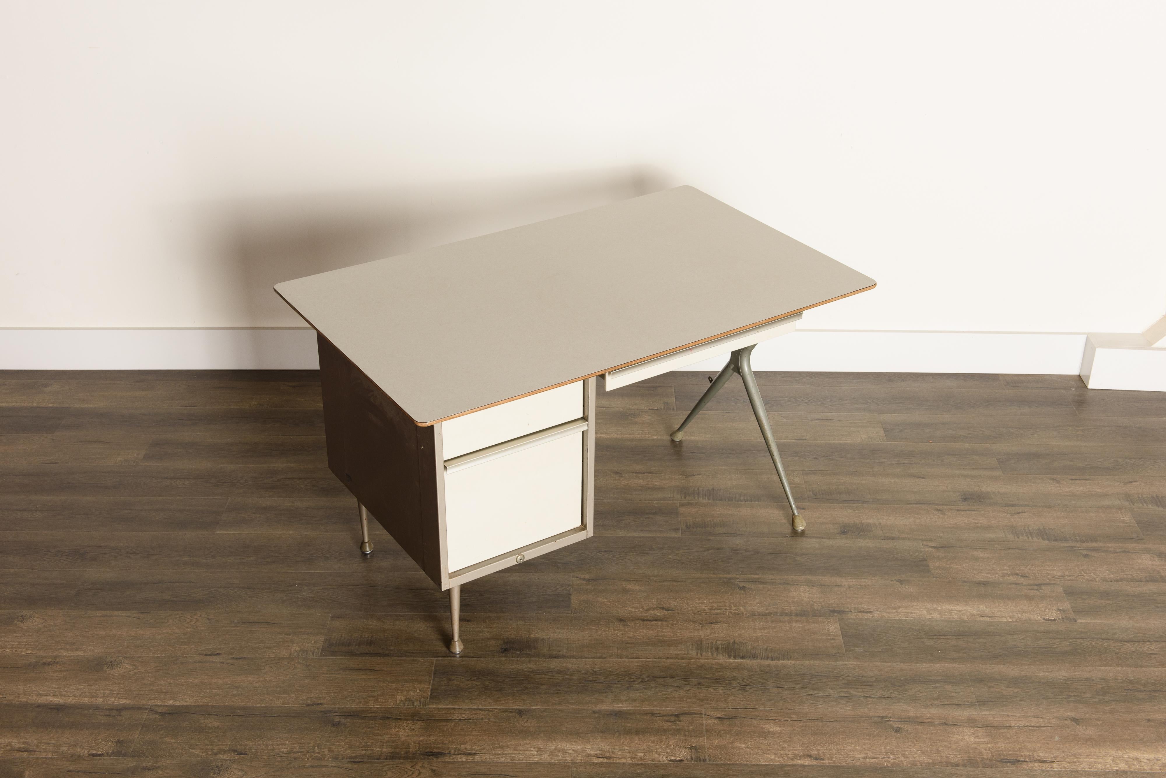 American Industrial Desk by Raymond Loewy for Brunswick of Chicago, circa 1950s, Signed 