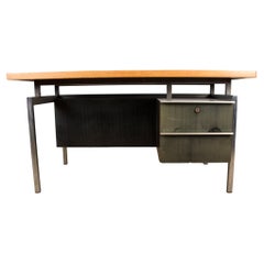Industrial Desk, Double-Sided, Top in Beech, Aluminum and Stained Wood, 1970