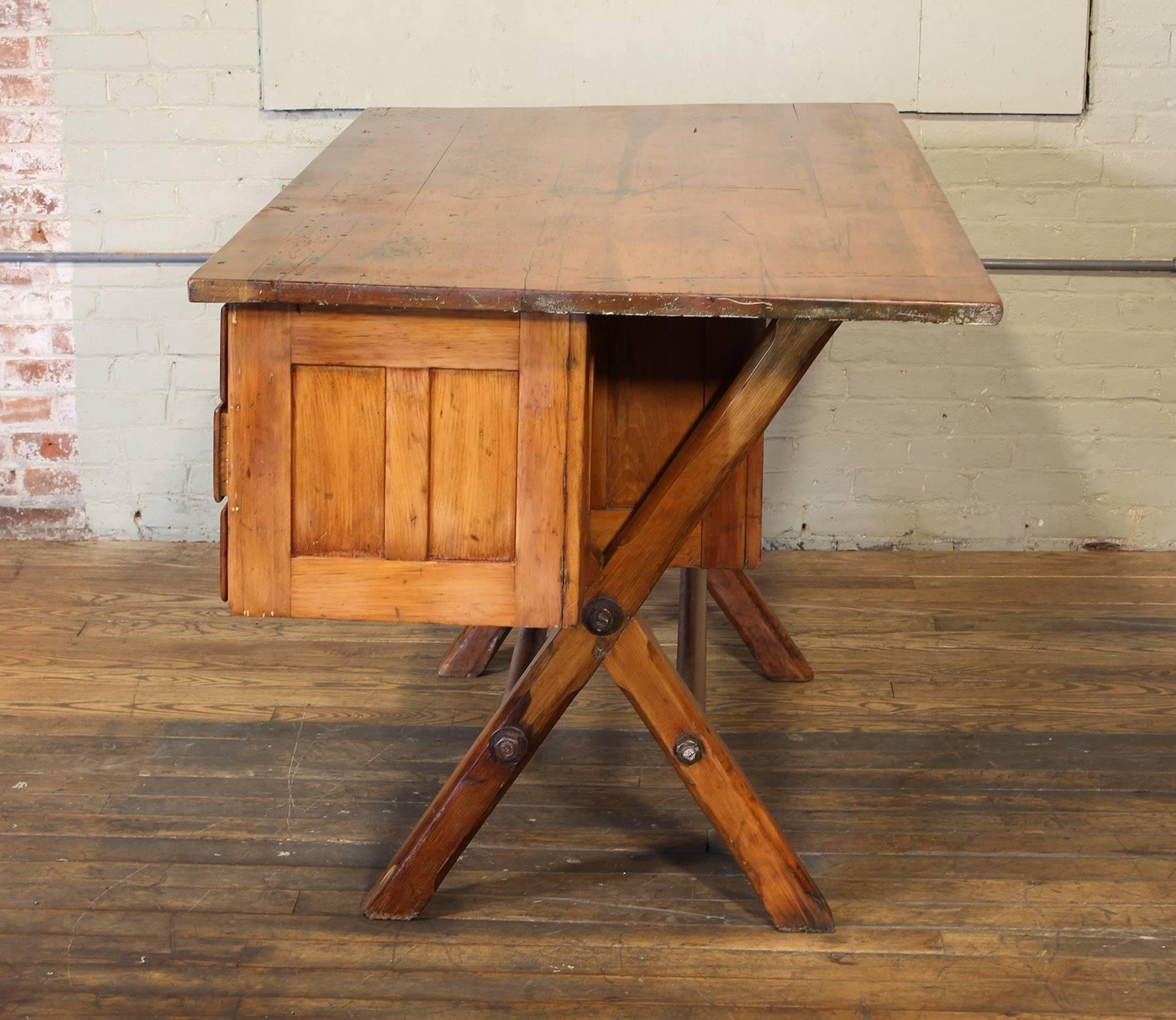 American Industrial Desk Workbench, Pine Work Table, Draftsmans Workbench