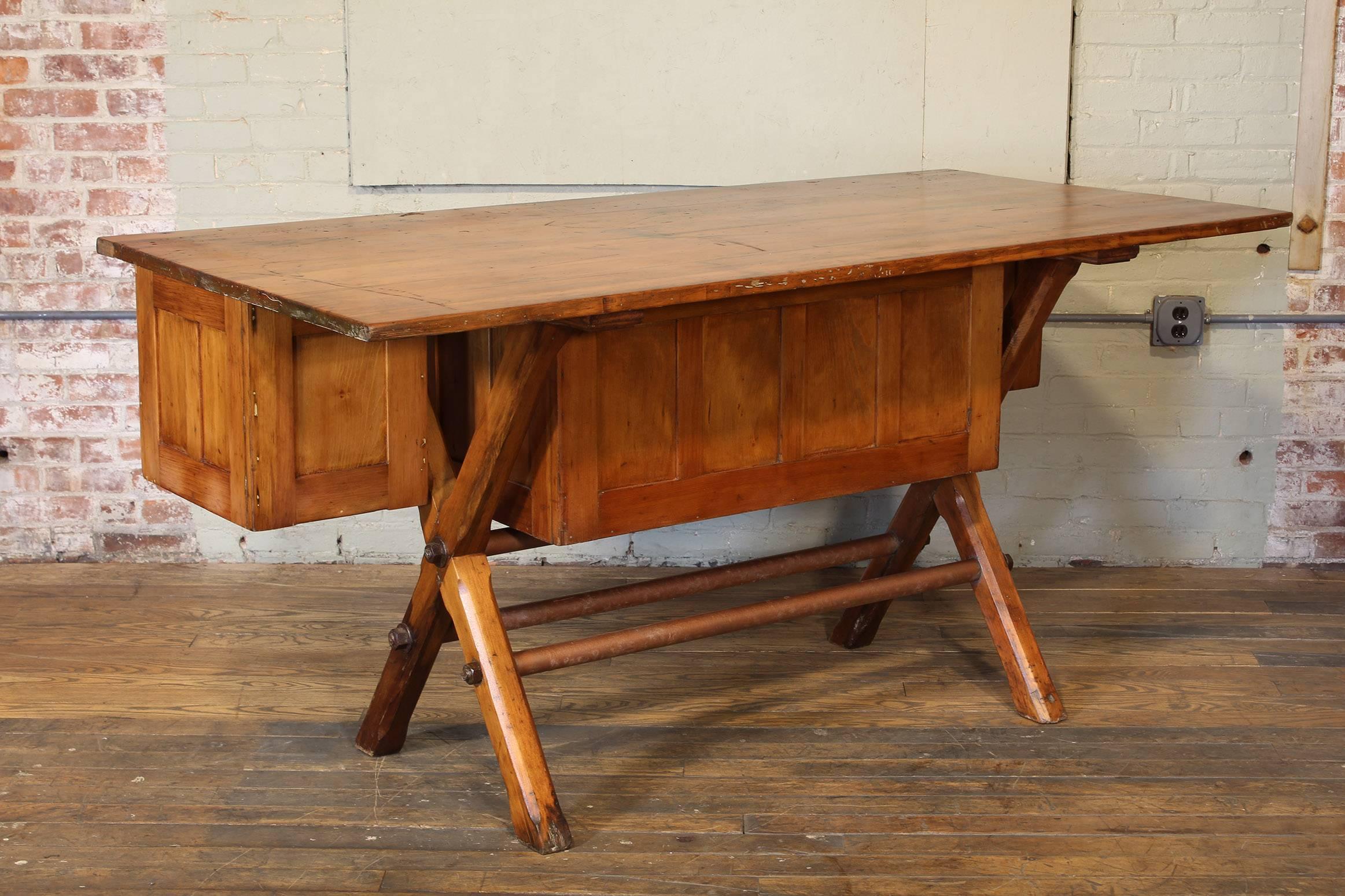 Mid-20th Century Industrial Desk Workbench, Pine Work Table, Draftsmans Workbench