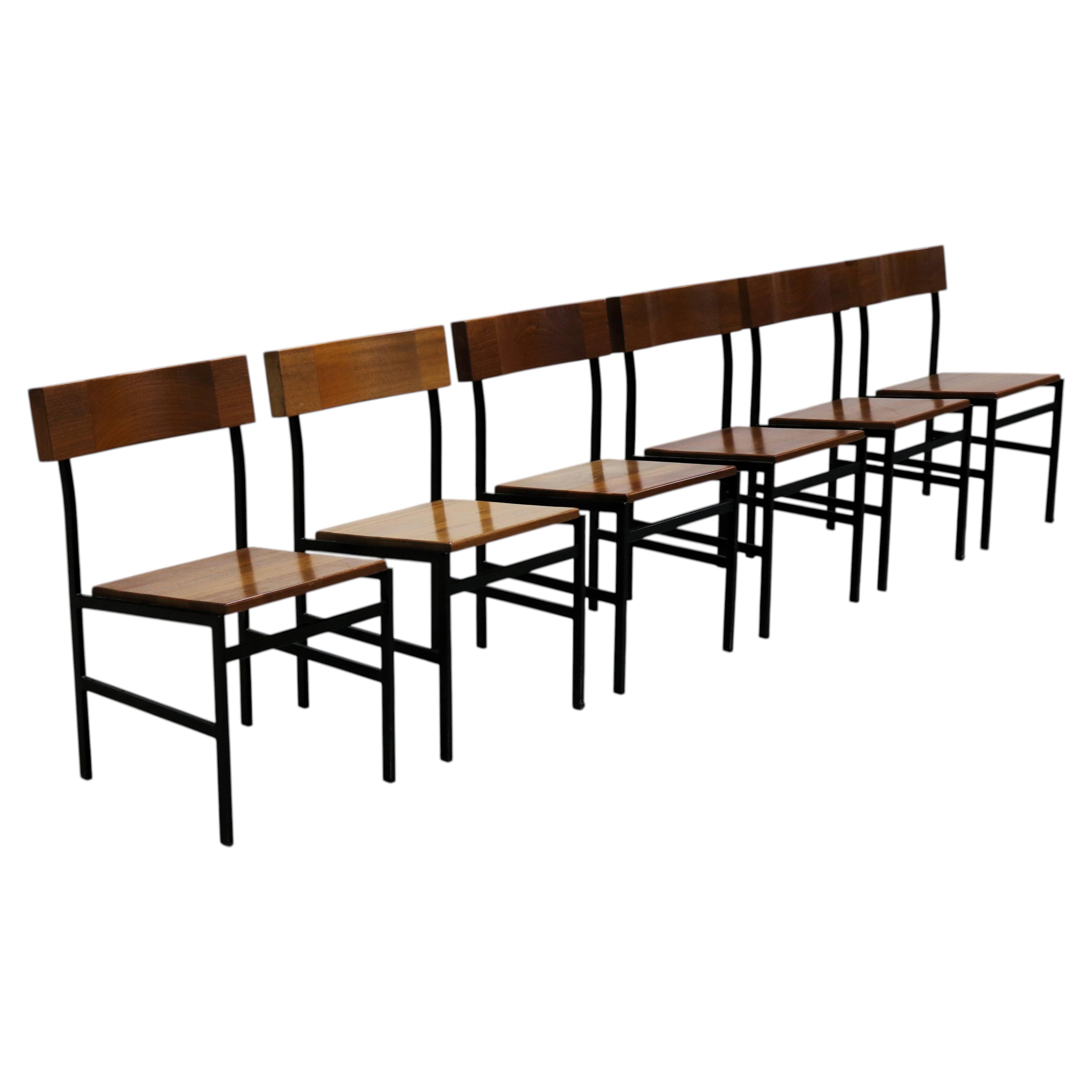Vintage Industrial Dining Chairs, Wood and Metal, Netherlands, 1960s