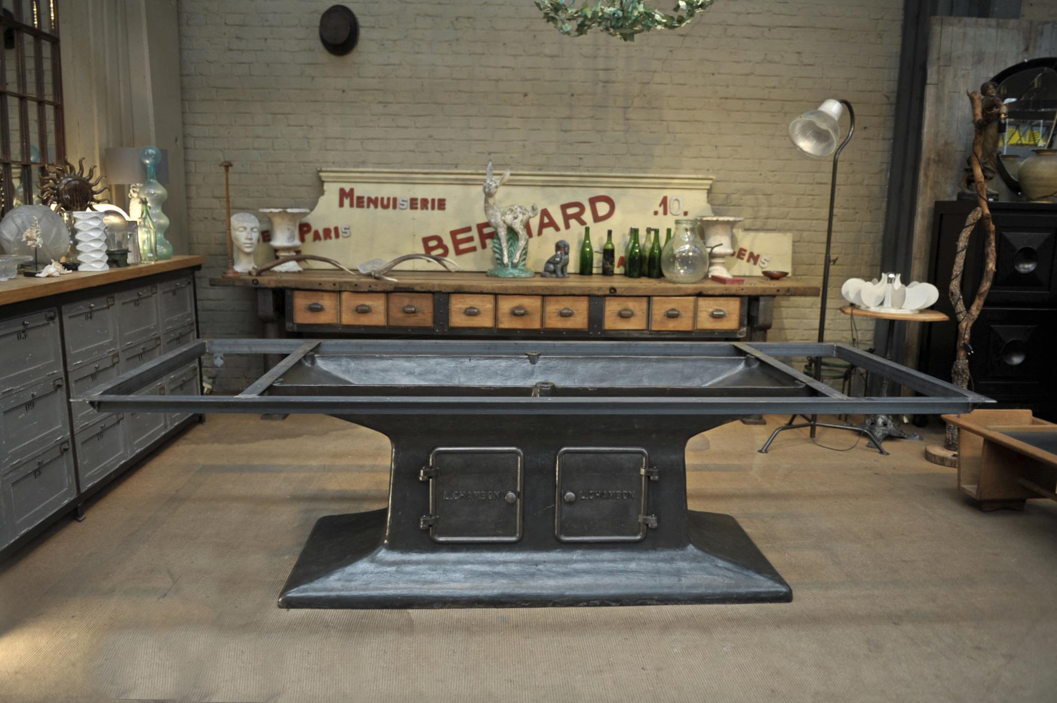 Industrial Dining Table with Cast Iron L Chambon French Machine Base  For Sale 7