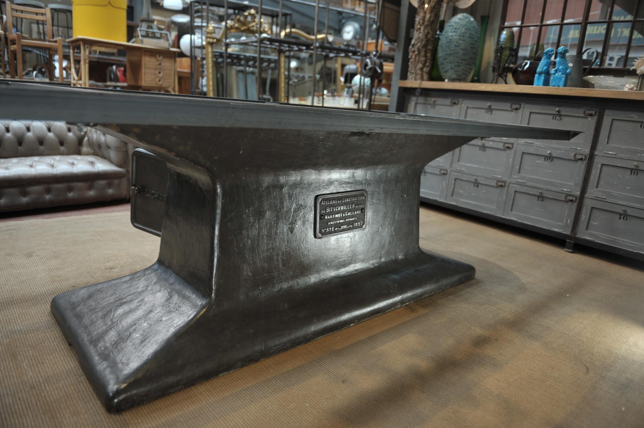 European Industrial Dining Table with Cast Iron L Chambon French Machine Base  For Sale