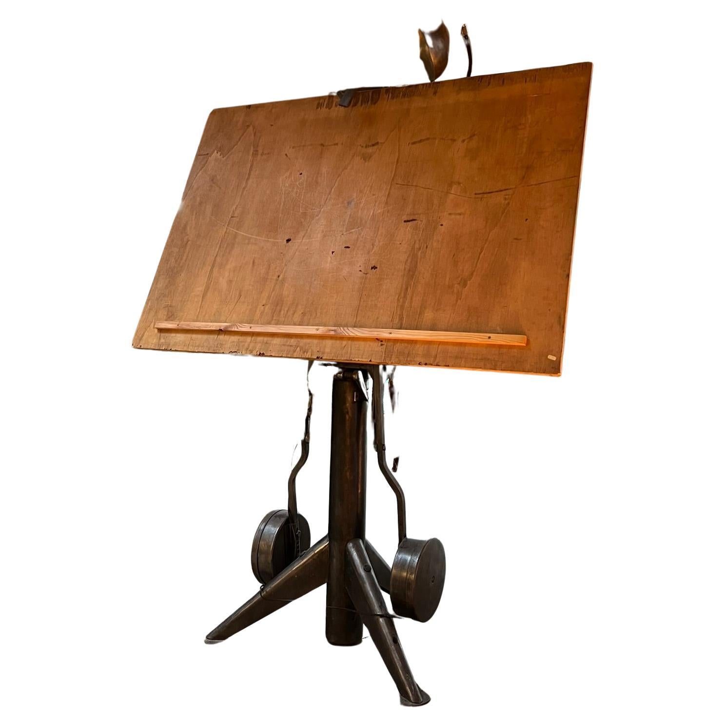 Industrial Drafting Table with Adjustable Mechanism and Lamp For Sale