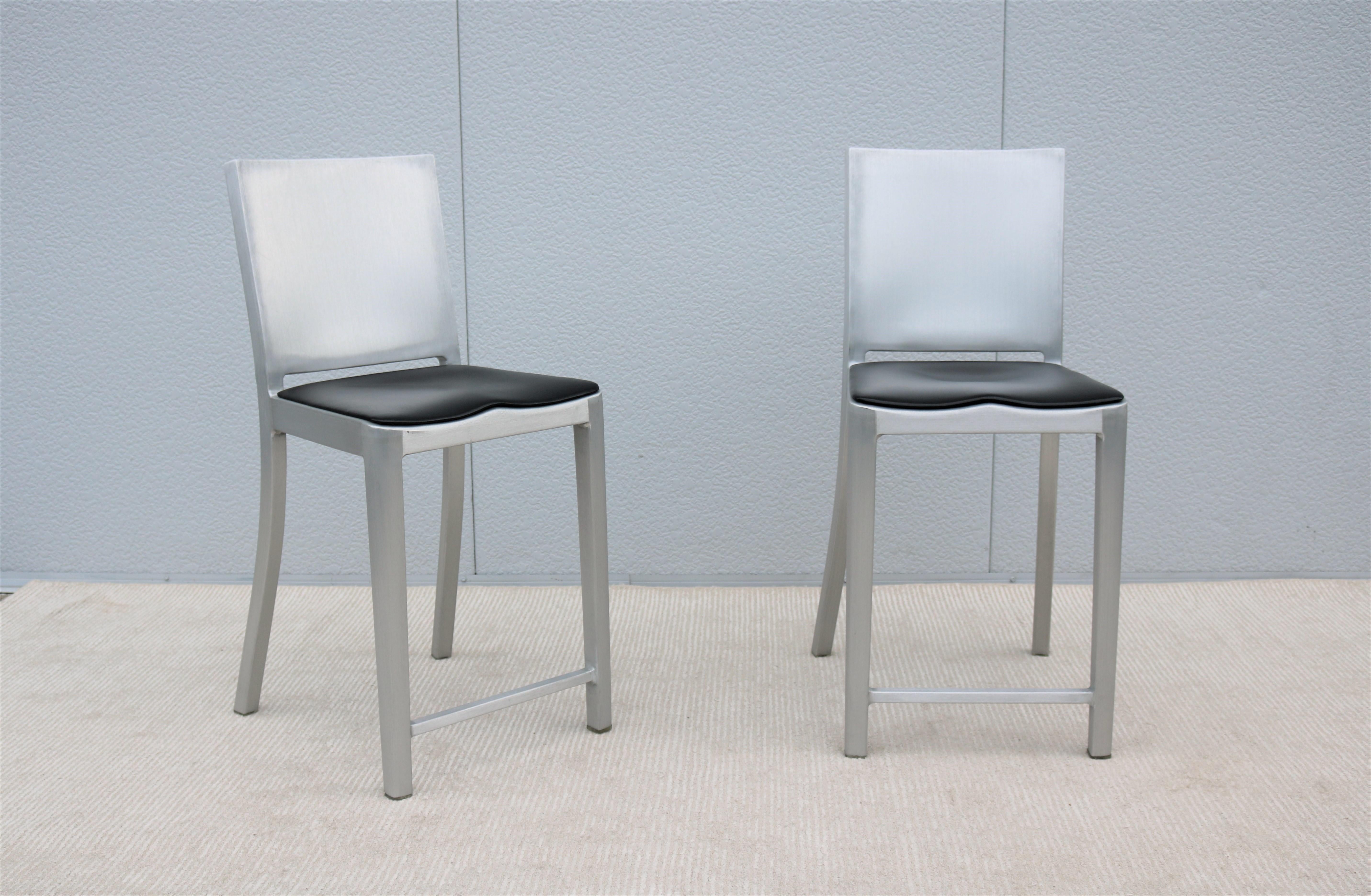 Anodized Industrial Emeco Hudson by Starck Brushed Aluminum Counter Height Stools, a Pair For Sale