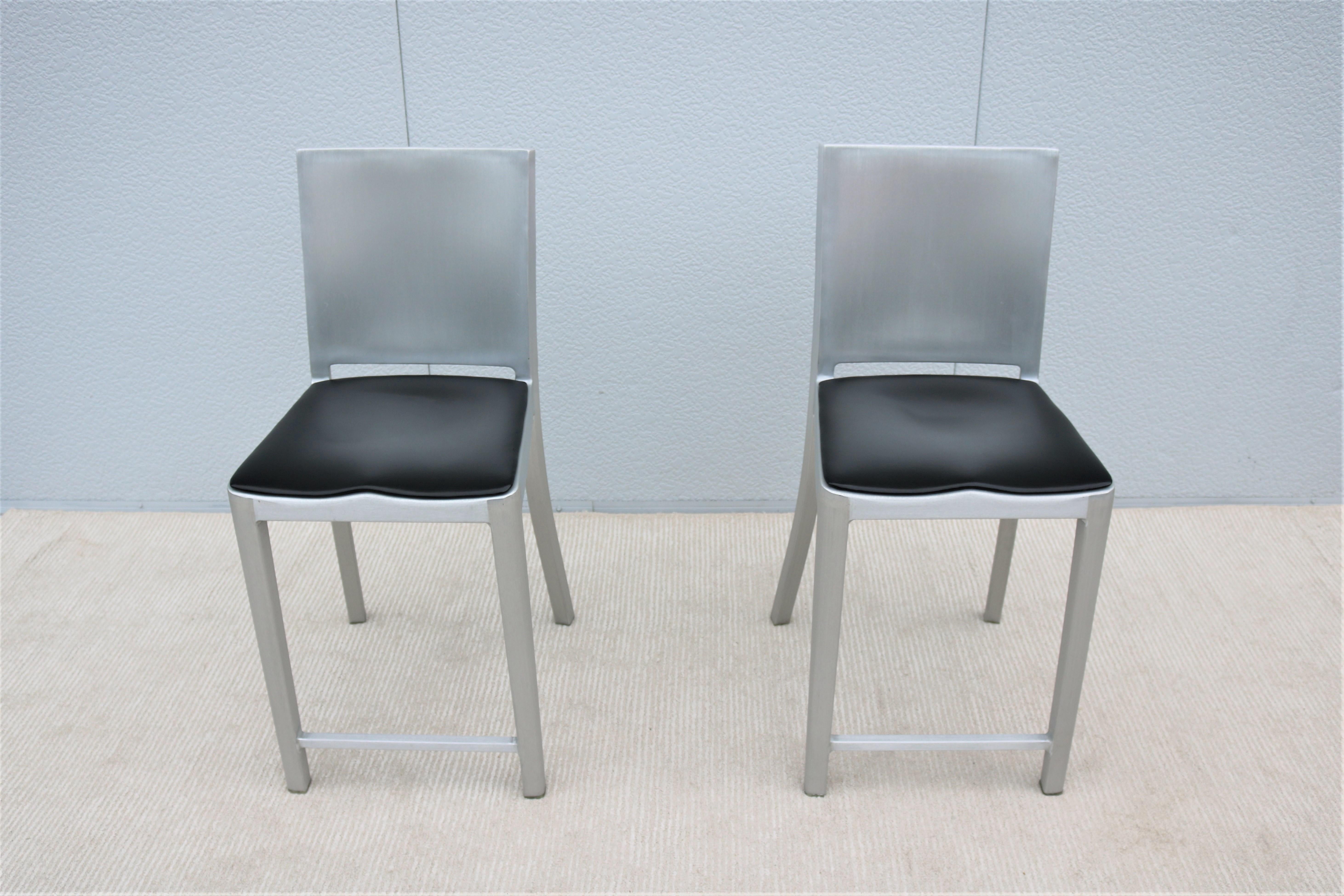 Industrial Emeco Hudson by Starck Brushed Aluminum Counter Height Stools, a Pair In Good Condition For Sale In Secaucus, NJ
