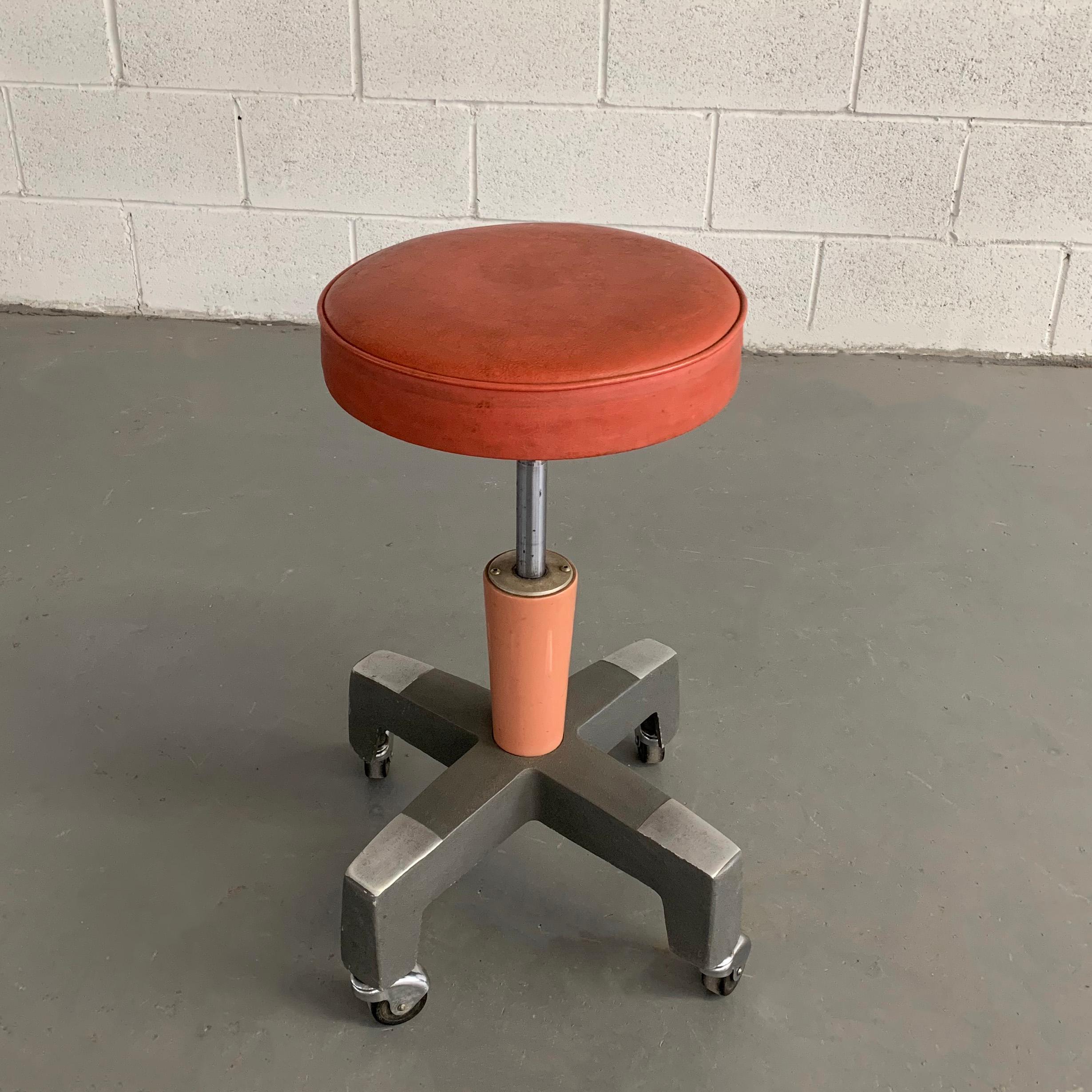 Enameled Industrial Enamel Rolling Adjustable Stool by American Optical Company For Sale