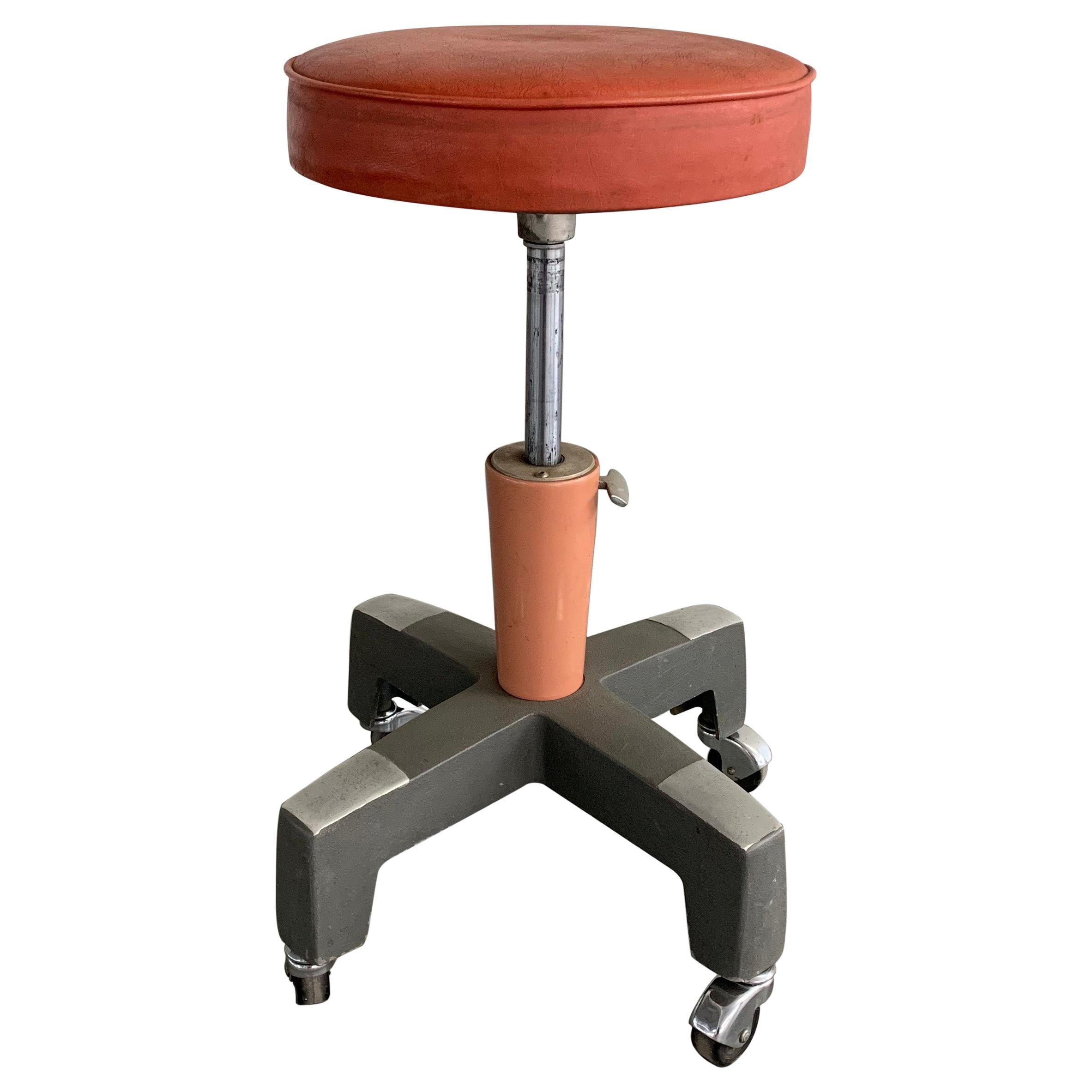 Industrial Enamel Rolling Adjustable Stool by American Optical Company For Sale