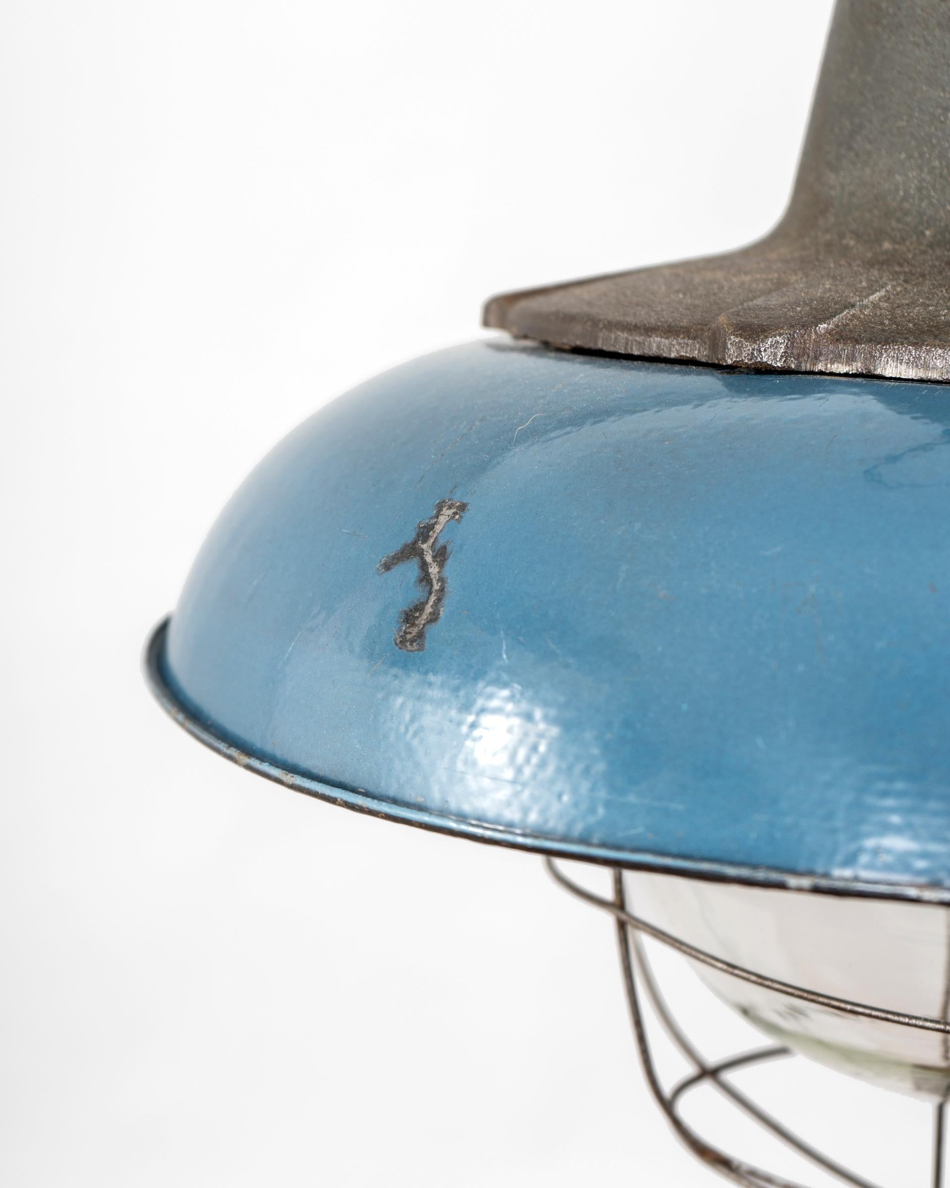20th Century Industrial Enameled Blue Pendant Lamp, Poland, 1960's For Sale