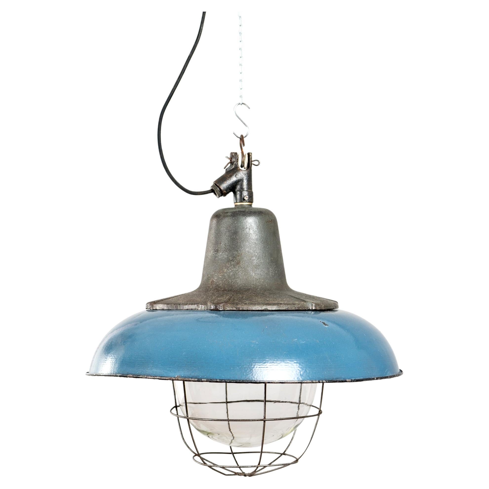 Industrial Enameled Blue Pendant Lamp, Poland, 1960's For Sale