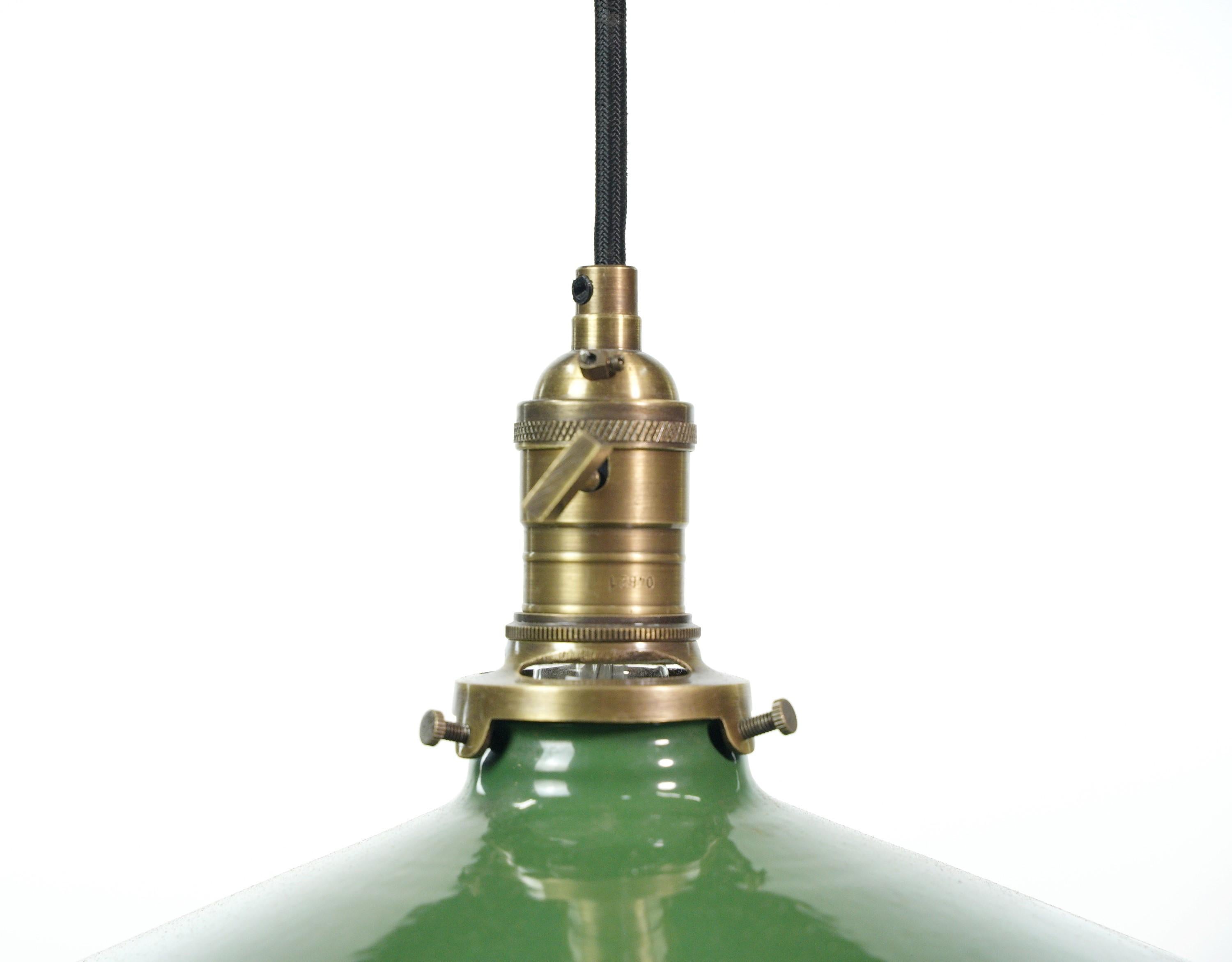 Industrial Enameled Green Steel Shade Pendant Light Black Cord  In Good Condition For Sale In New York, NY