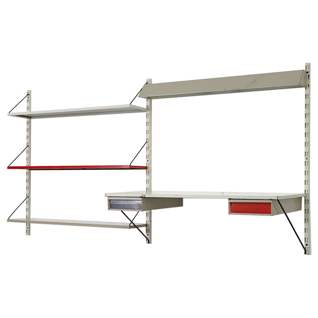 Industrial Enameled Metal 2 Section Shelving Unit with Desk & Light by Pilastro