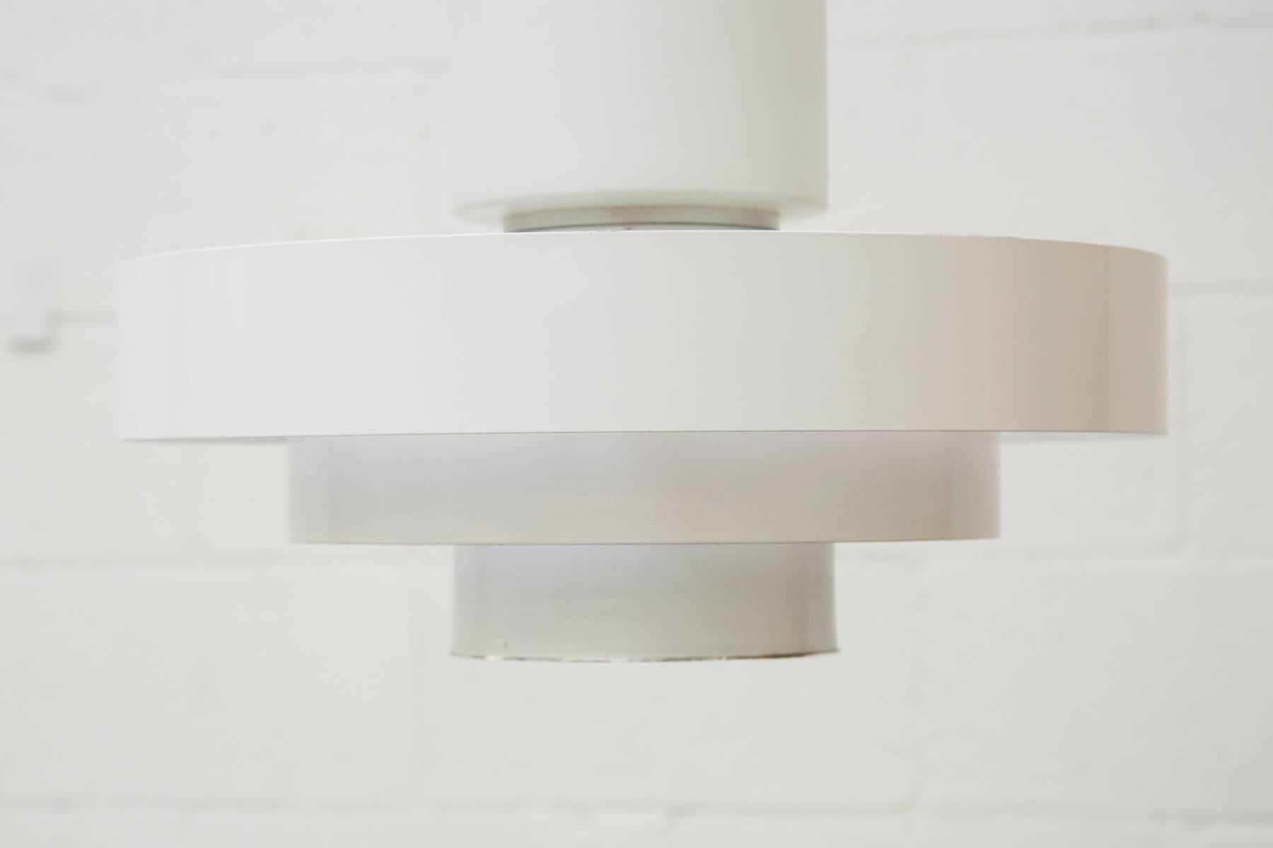 Mid-Century Modern Industrial Enameled White Metal & Opaline Glass Flush Mount Ceiling Lamp For Sale