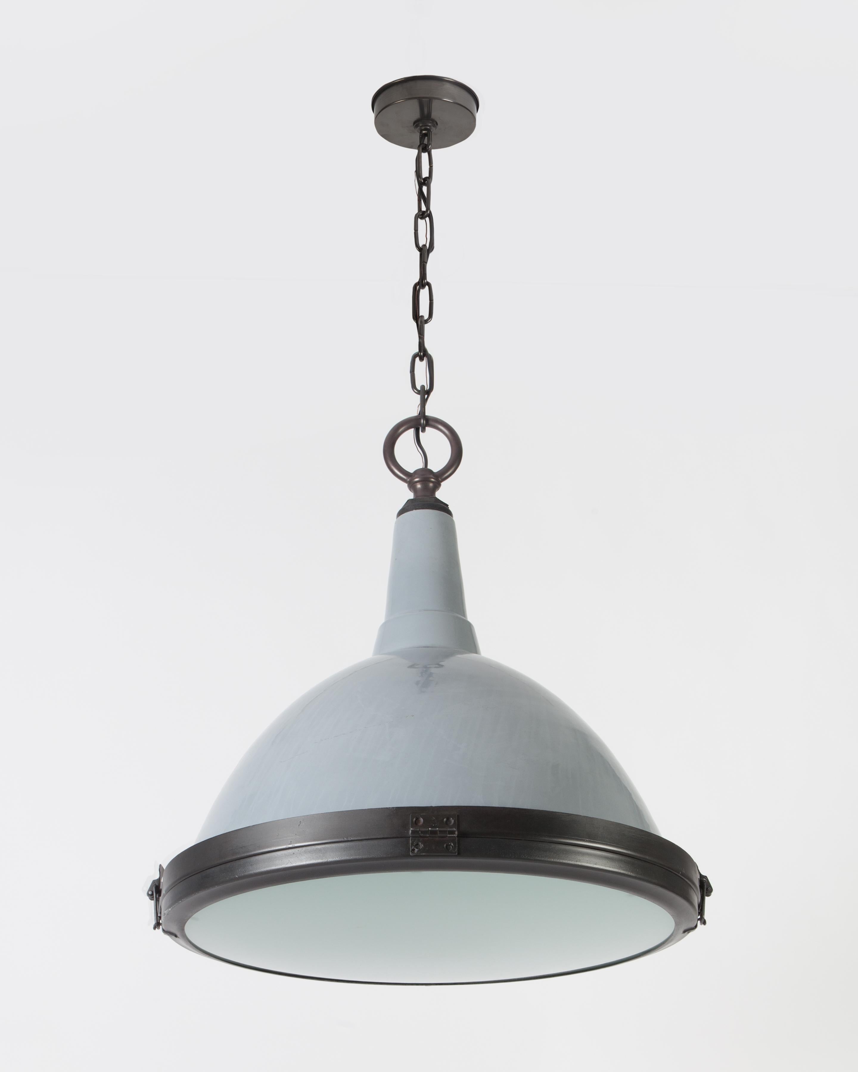 North American Industrial Enameled Pendant with Darkened Brass and Steel Fittings, circa 1950