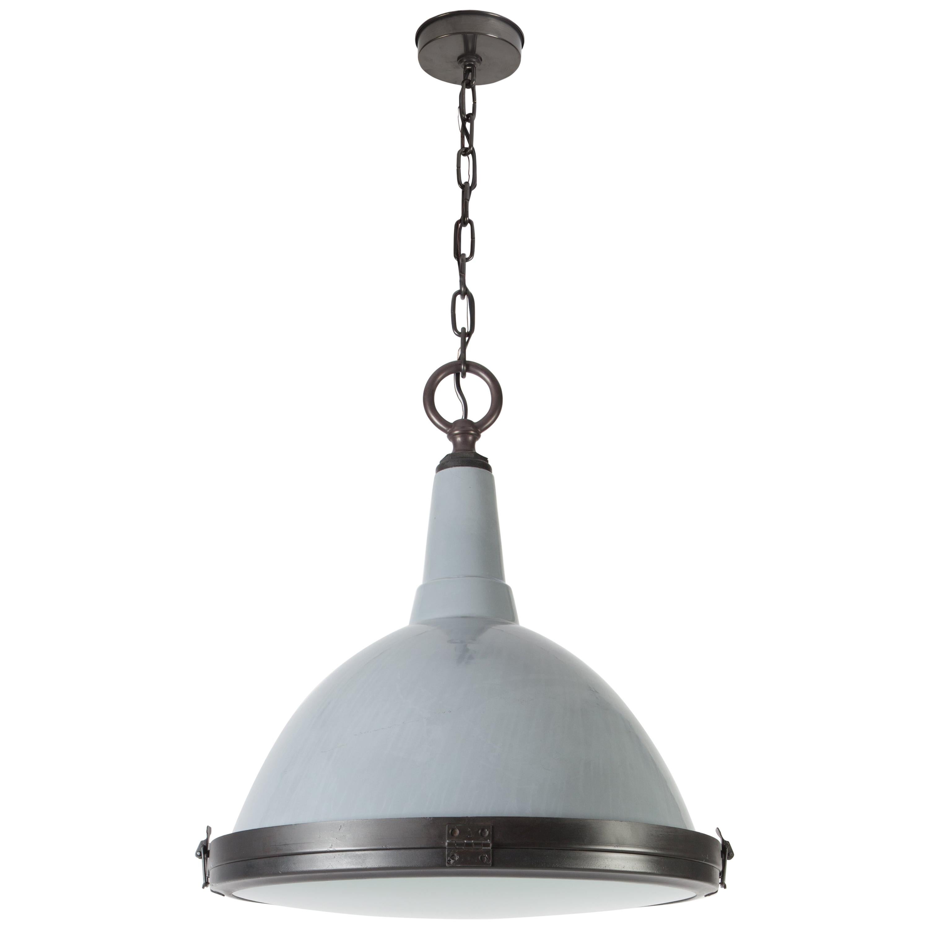 Industrial Enameled Pendant with Darkened Brass and Steel Fittings, circa 1950