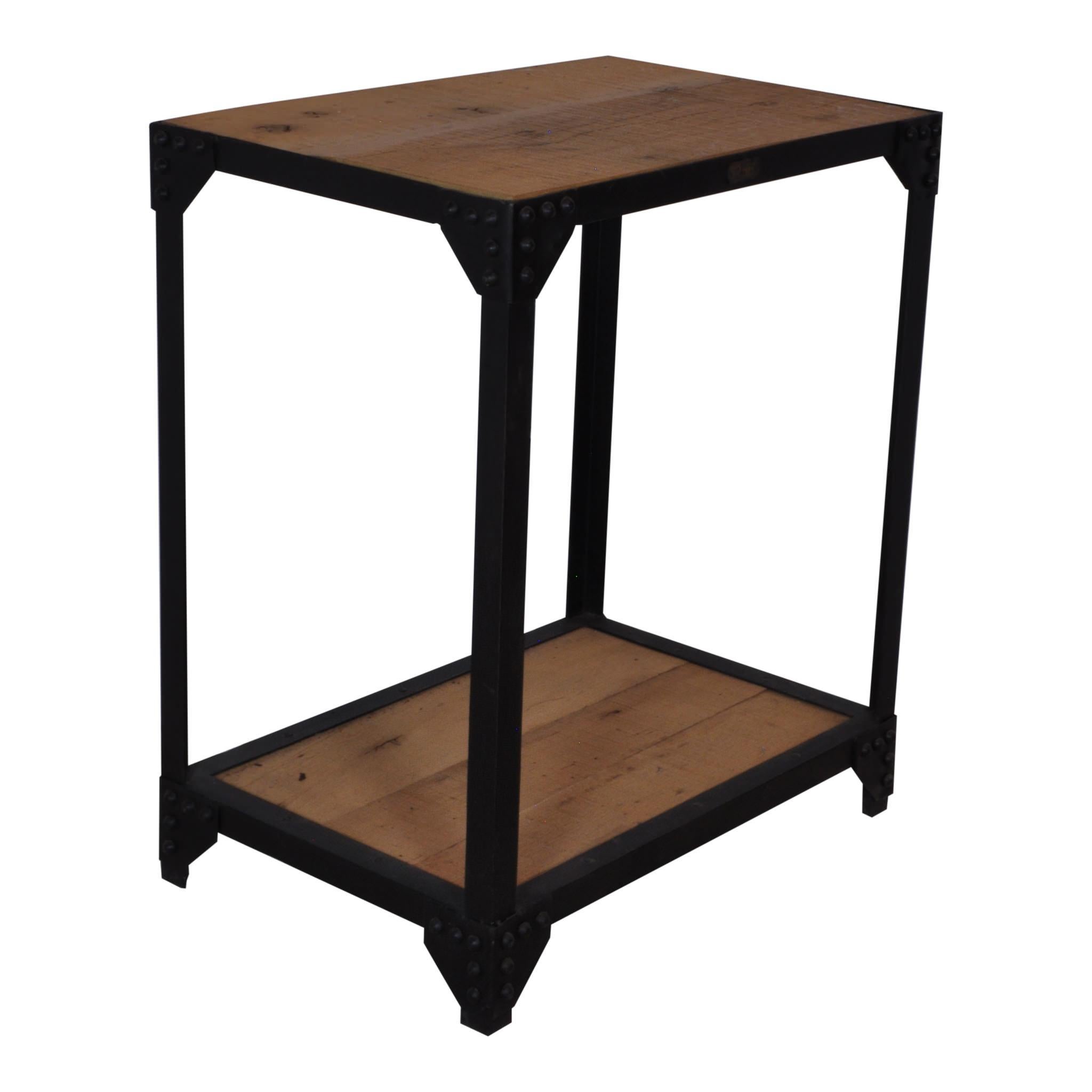 Heavy gauge steel frames this two tiered industrial end table. The table has reinforced corners with rivets, which add stability. The tabletop and lower tier have been replaced with new pine insets. A small plaque with the number 256 is affixed to