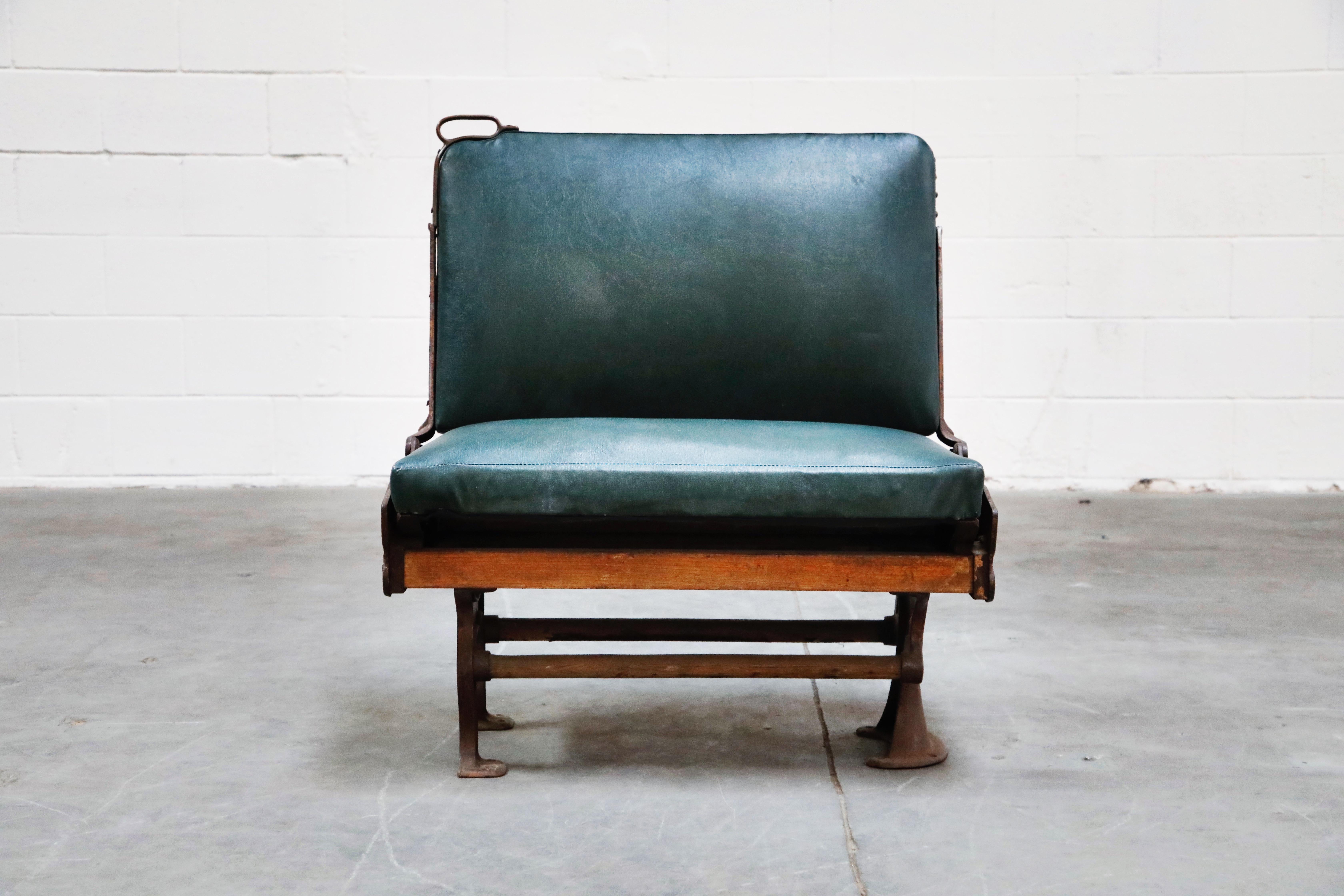 This Brooklyn Trolley bench is reversible, simply grab the cast iron handle and lift, easily pivots from side to side so you can change the direction of your conversation and view with ease. Featuring its original leatherette upholstery, detailed