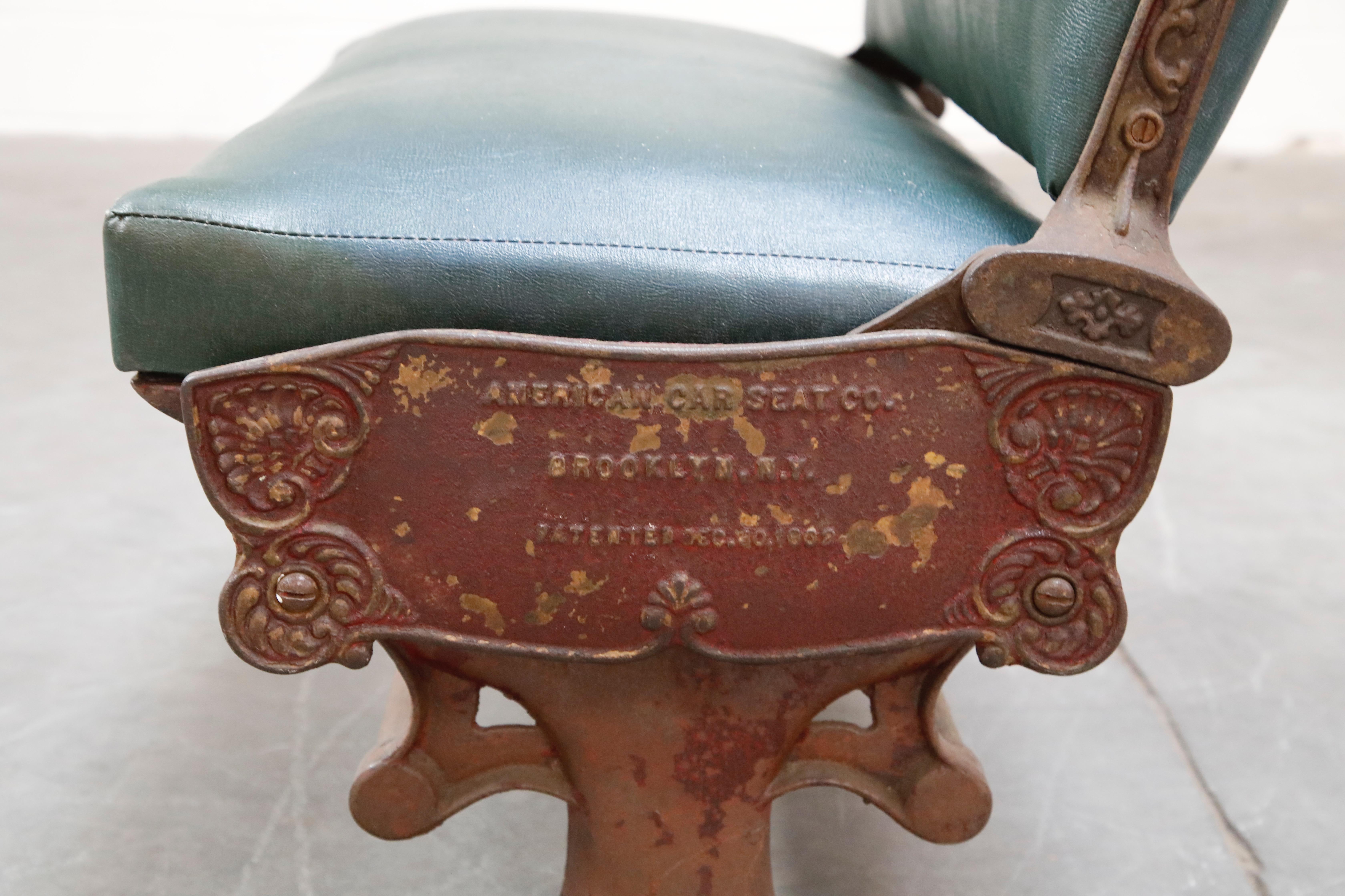 Faux Leather Industrial Era Cast Iron Brooklyn Trolley Reversible Settee Bench, circa 1910