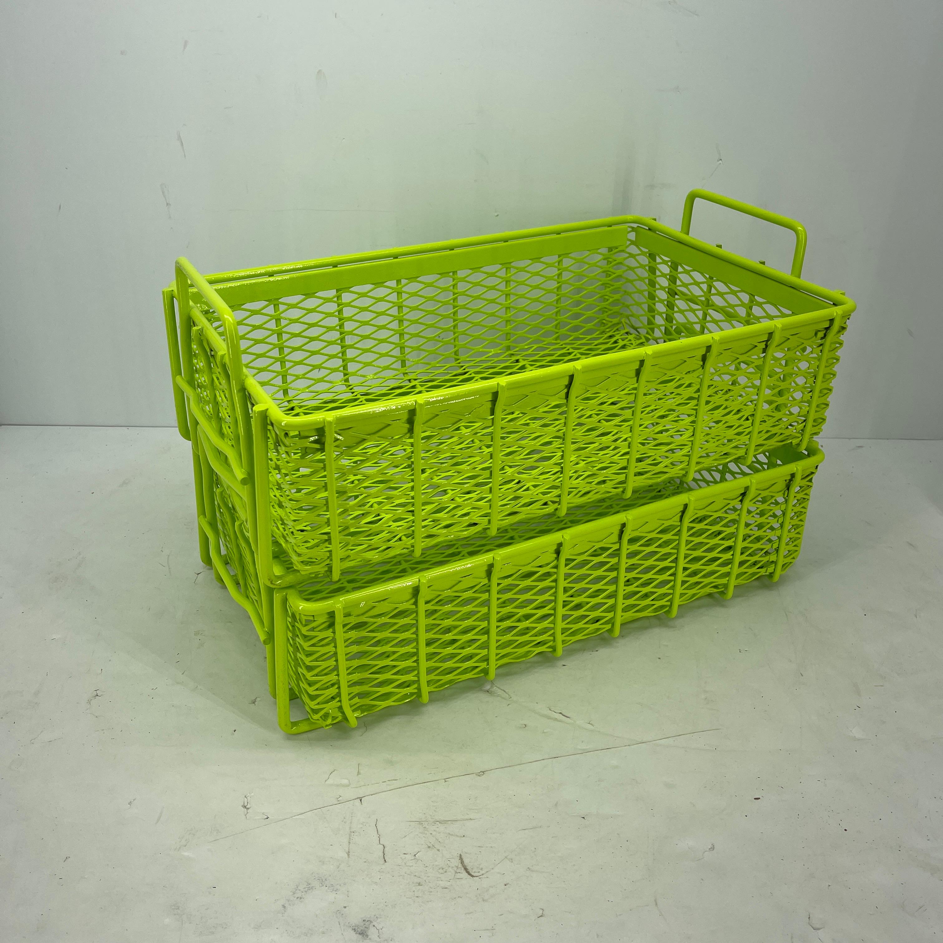 Industrial era steel stackable bins with handles. Freshly powder coated in bright chartreuse.
The bins have endless uses; in an office, mud room, hallway or an office. The beautiful heavy-duty, functional and hand-crafted bins are sturdy and ready