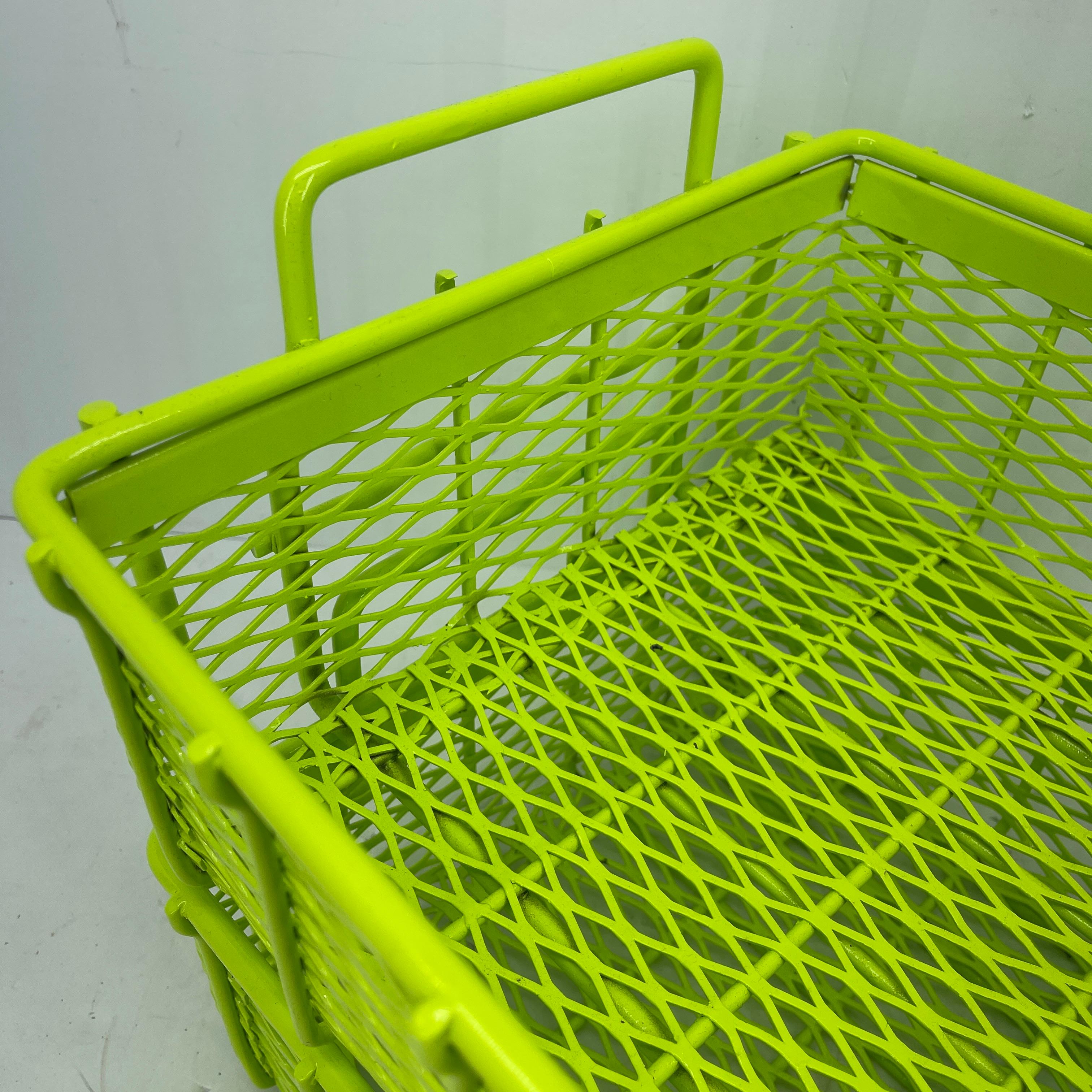 Industrial Era Metal Storage Bins, Powder Coated Bright Chartreuse In Good Condition For Sale In Haddonfield, NJ