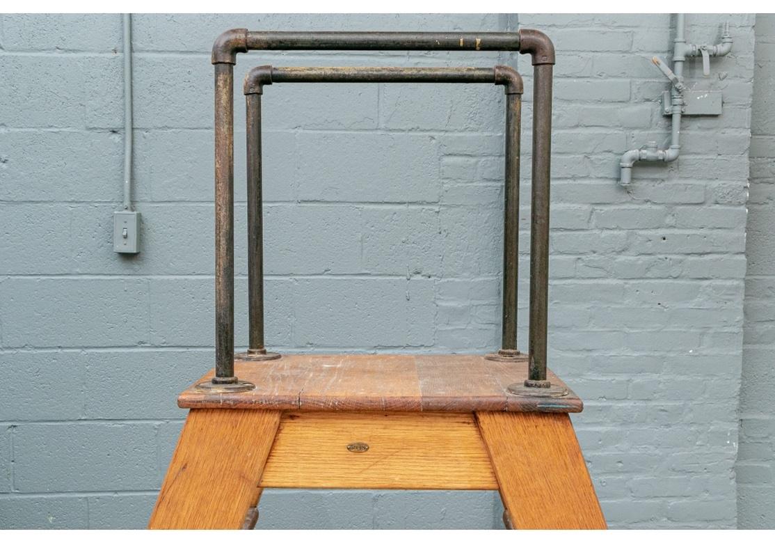 American Industrial Era Wood Ladder with Tall Iron Pipe Handles For Sale