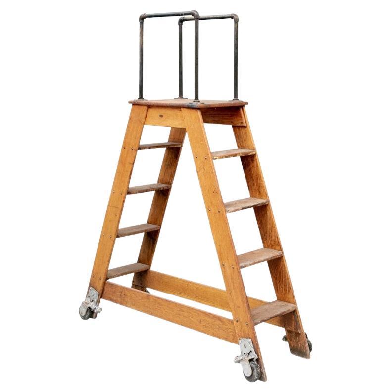 Industrial Era Wood Ladder with Tall Iron Pipe Handles For Sale