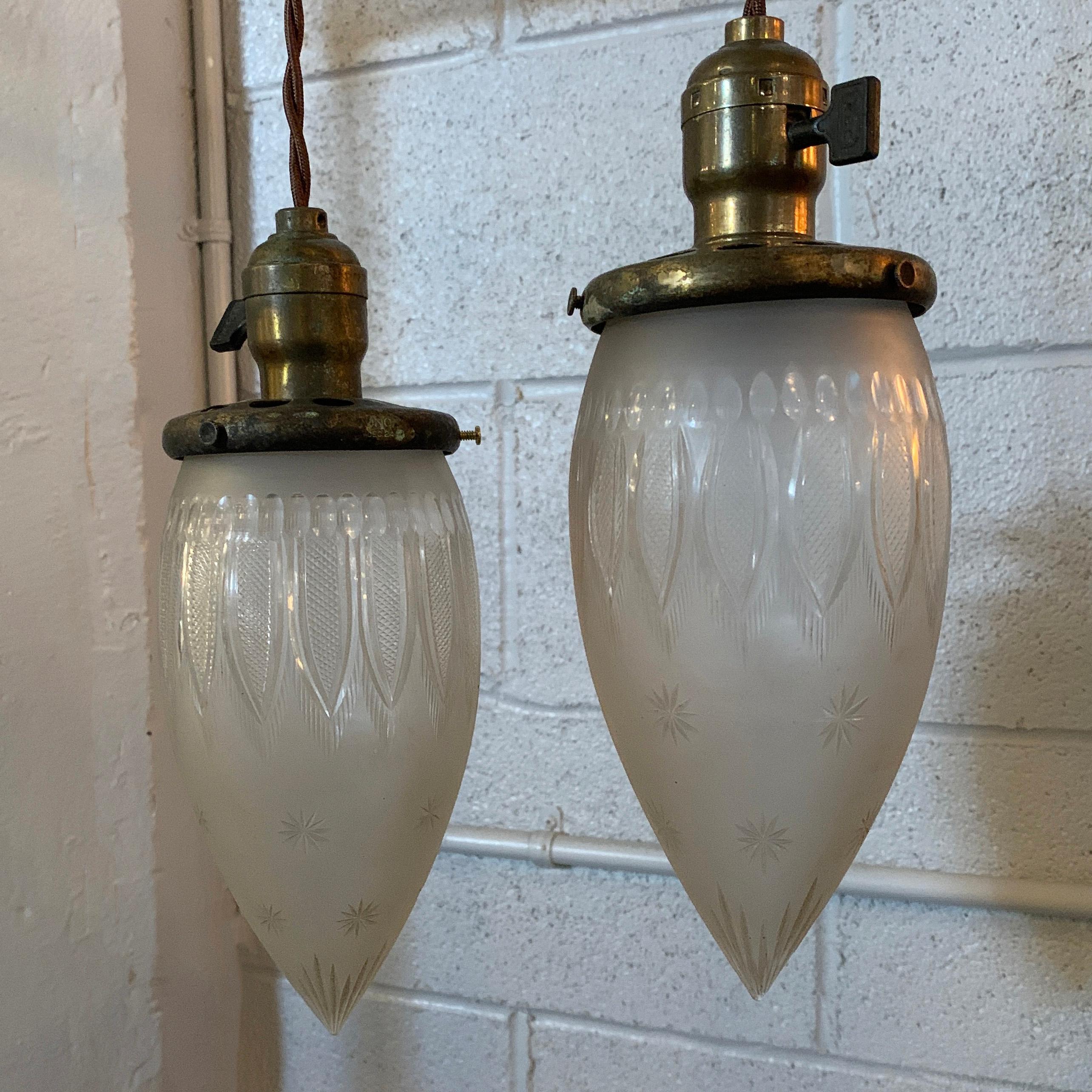 American Industrial Etched Glass Teardrop Pendant Light For Sale