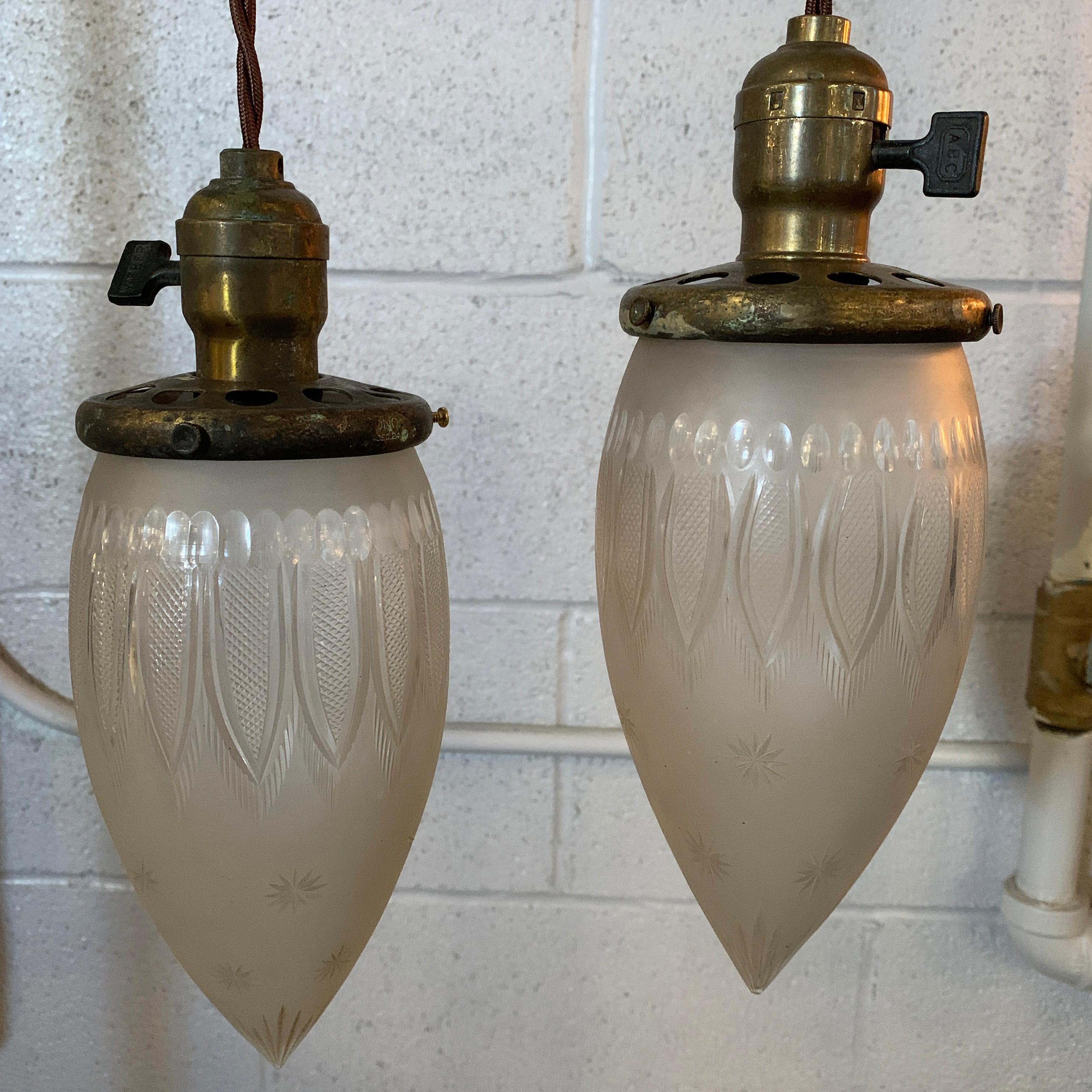 Industrial Etched Glass Teardrop Pendant Light In Good Condition For Sale In Brooklyn, NY