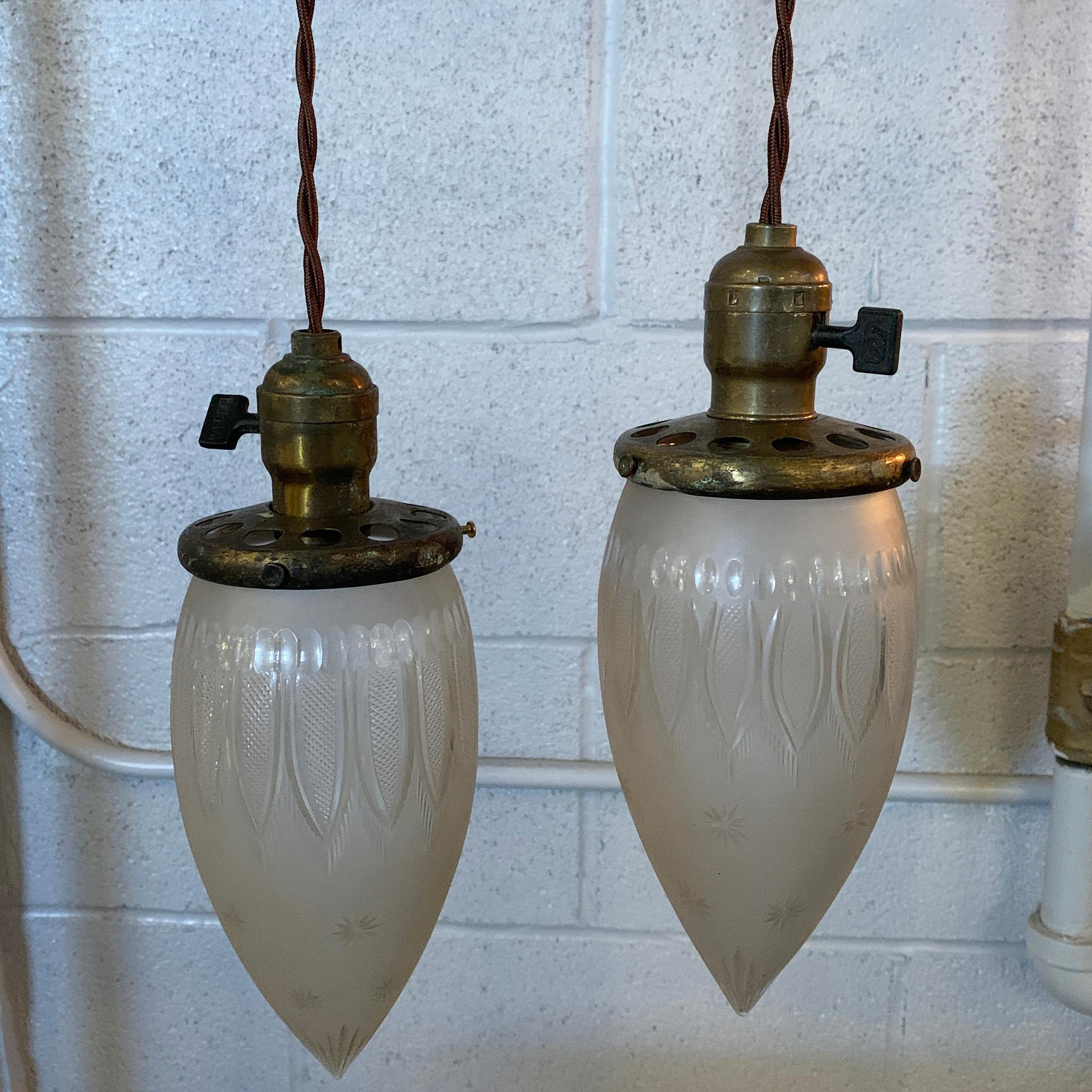 Brass Industrial Etched Glass Teardrop Pendant Light For Sale