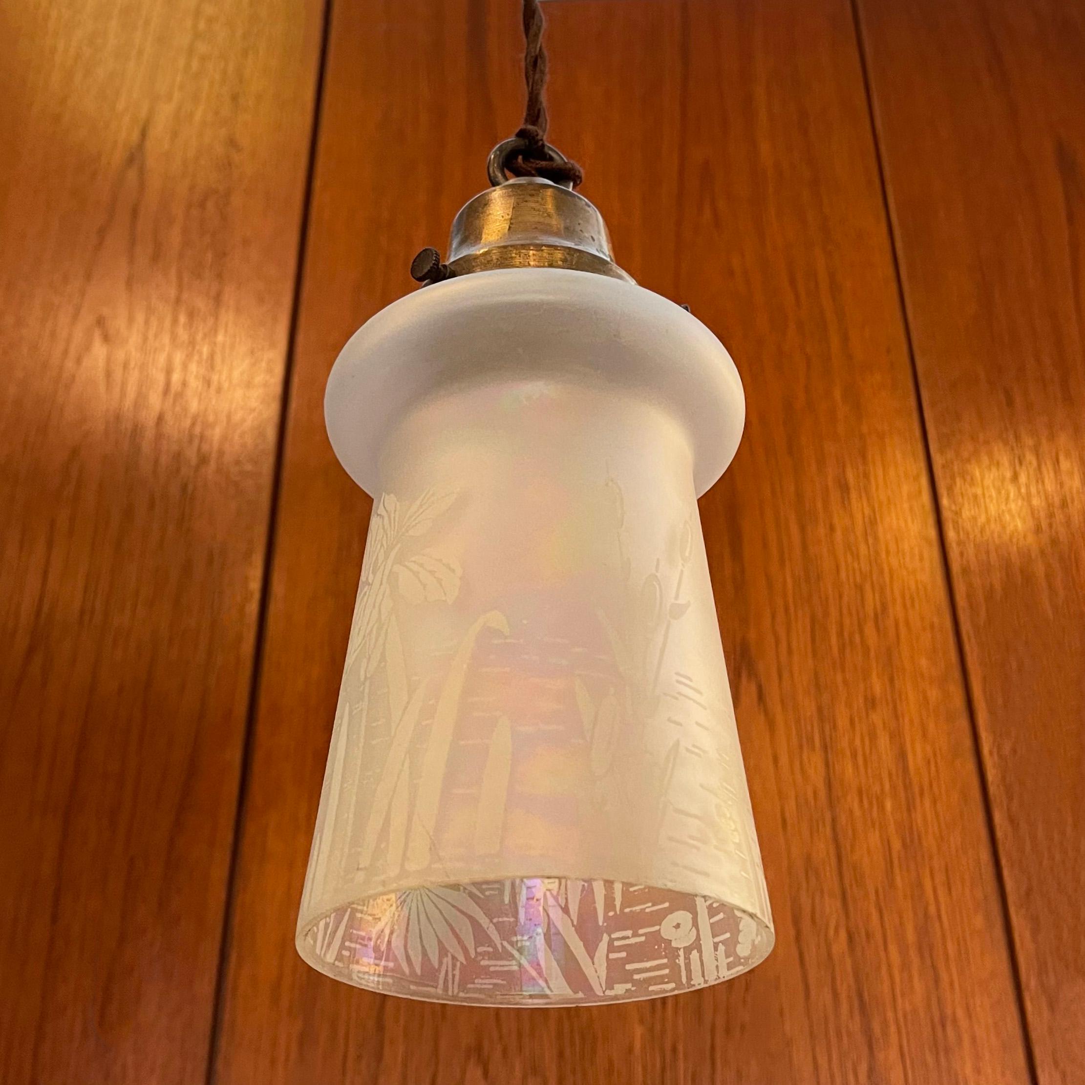 Brass Industrial Etched Opaline Bell Pendant Light