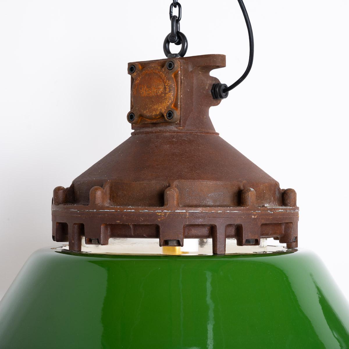 Industrial Explosion Proof Rusted Pendant Lights With Green Enamel Diffusers  For Sale 10
