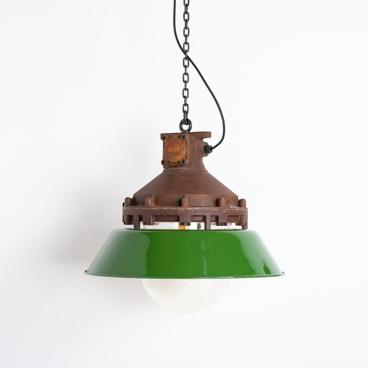 Industrial Explosion Proof Rusted Pendant Lights With Green Enamel Diffusers  For Sale 12