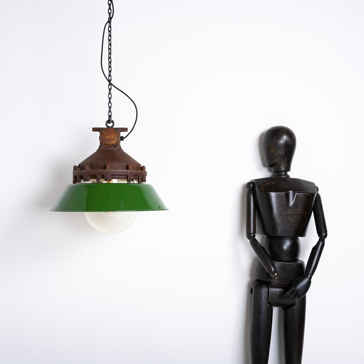 British Industrial Explosion Proof Rusted Pendant Lights With Green Enamel Diffusers  For Sale