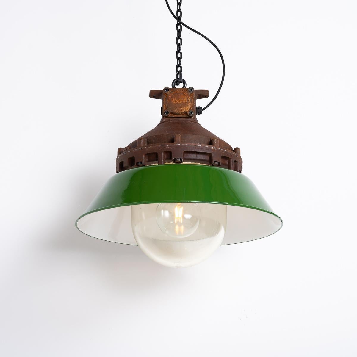 Industrial Explosion Proof Rusted Pendant Lights With Green Enamel Diffusers  For Sale 1