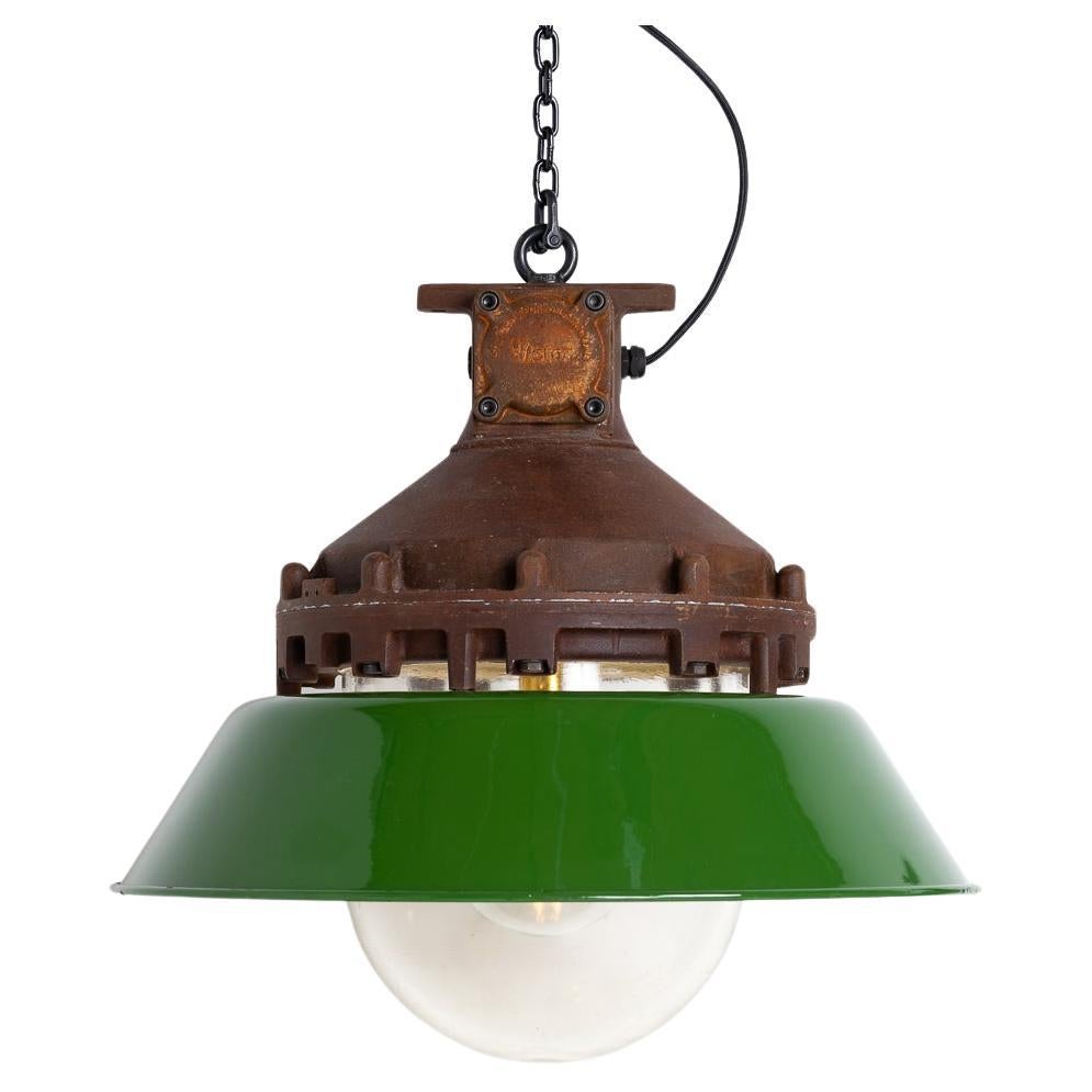 Industrial Explosion Proof Rusted Pendant Lights With Green Enamel Diffusers  For Sale