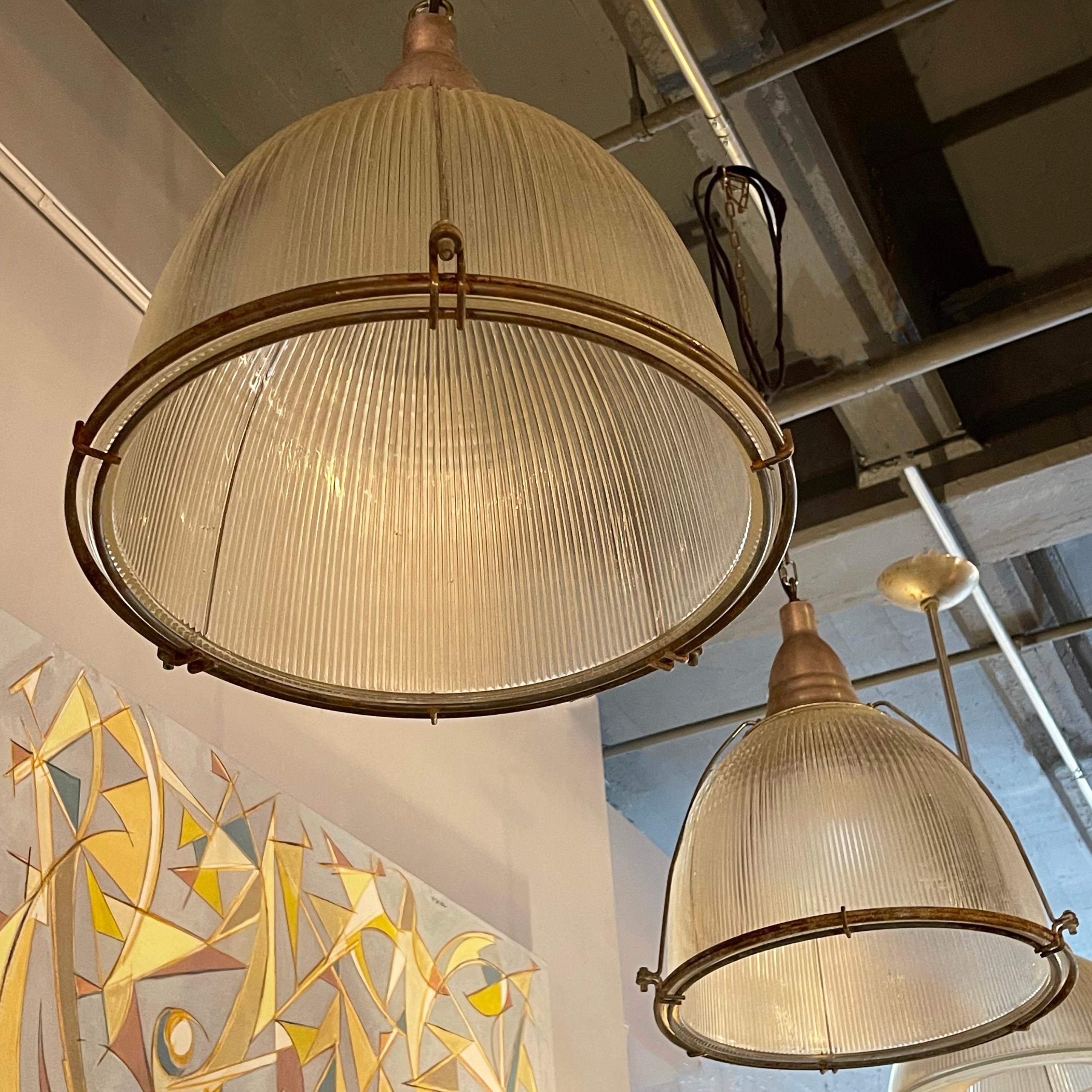 Industrial Factory Caged Holophane Glass Pendant Lights For Sale 4